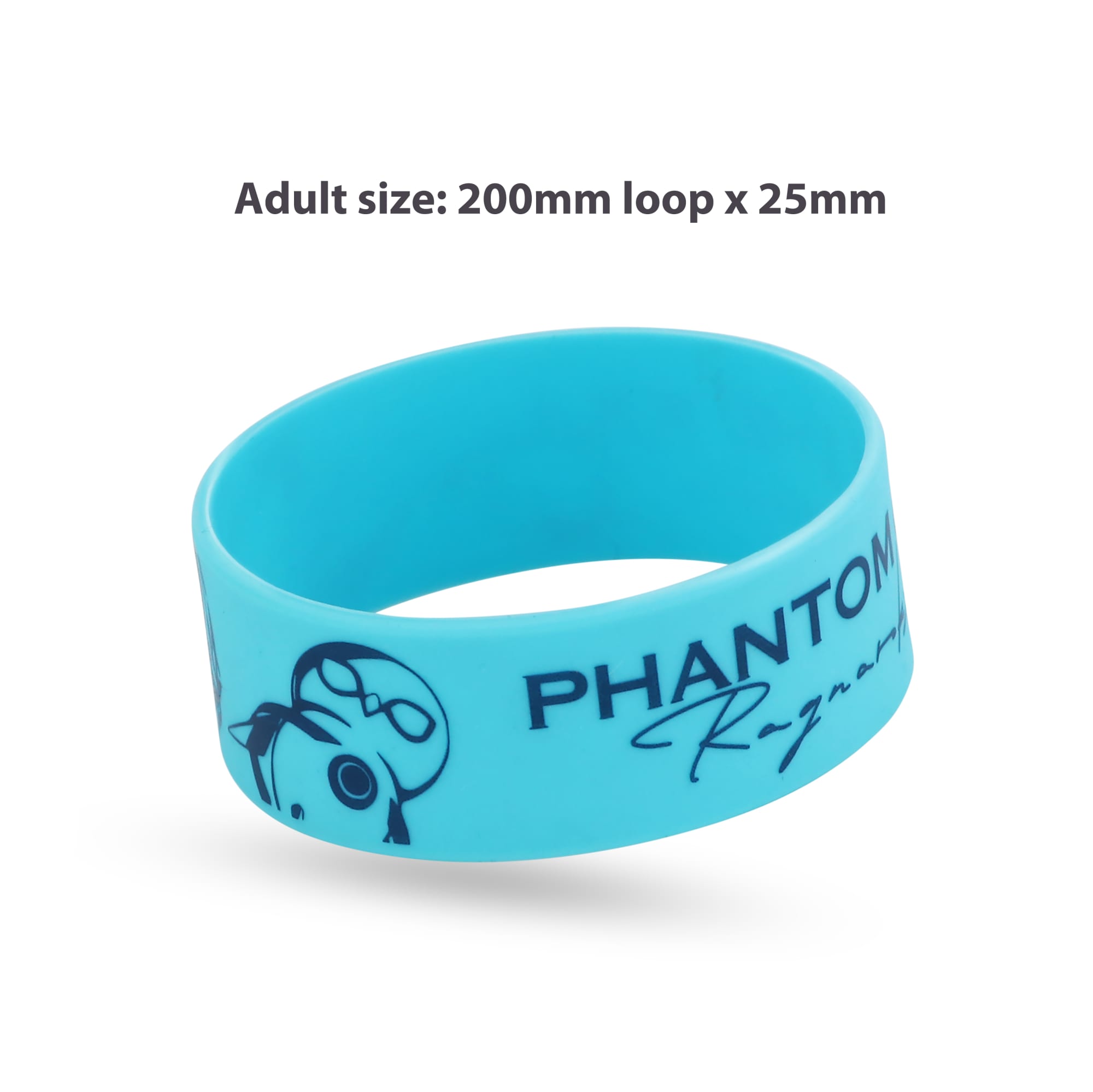 A light blue silicone wristband featuring a logo, sized at 200mm loop x 25mm width.