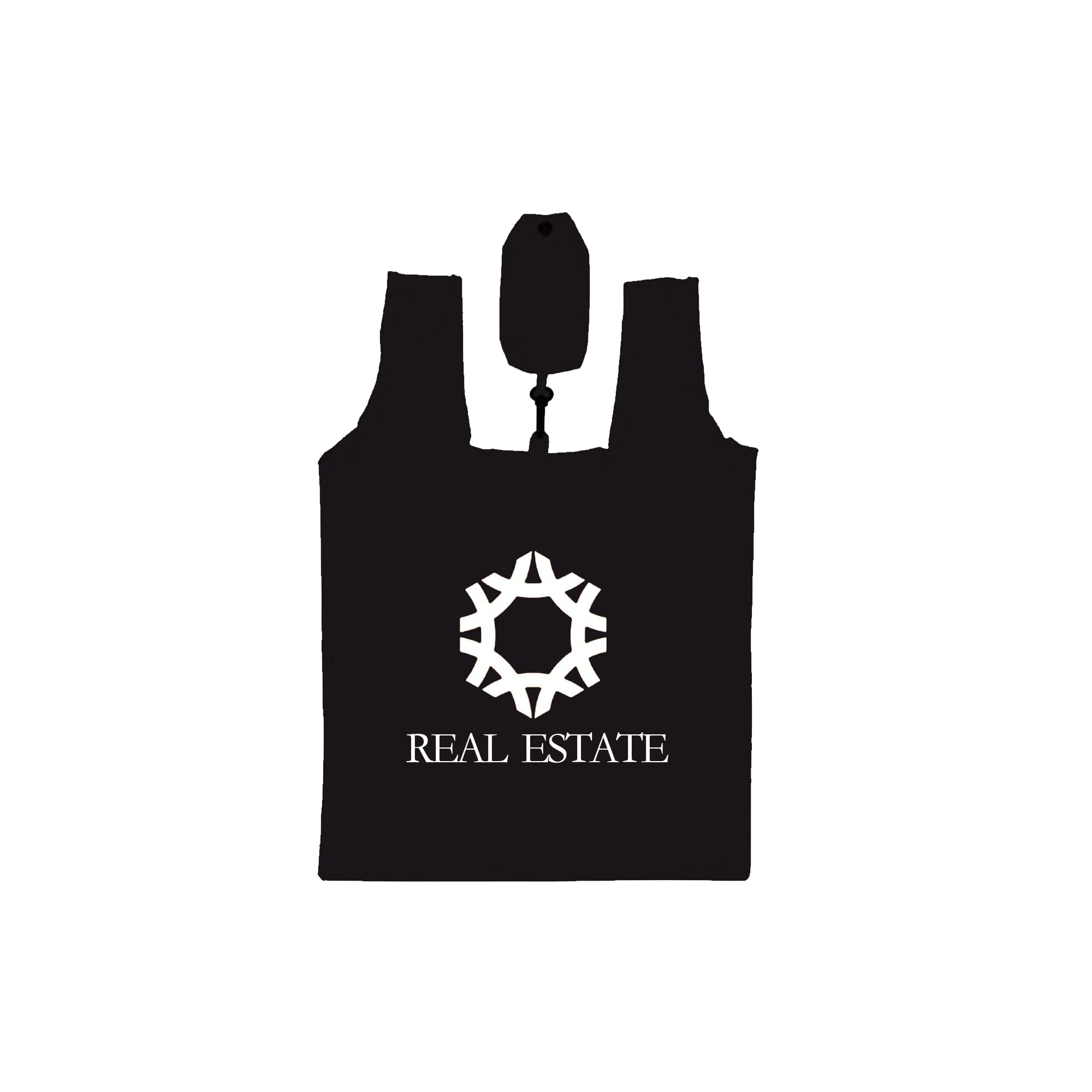 A compact, foldable shopping tote bag in black with a logo design on the front.