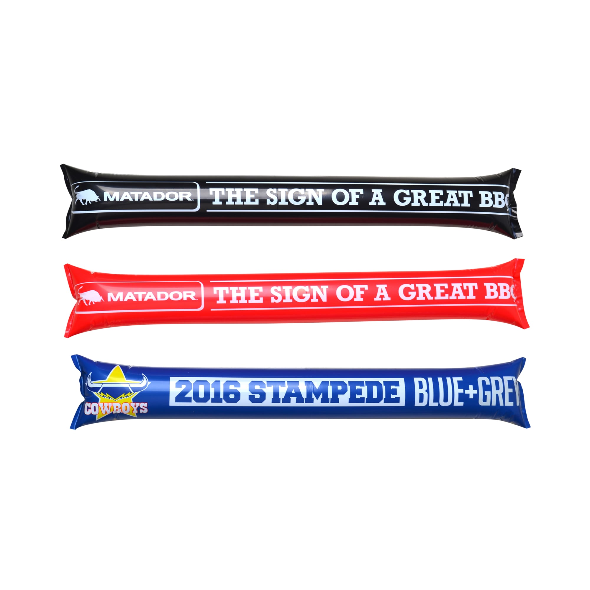 Three inflatable bang bang sticks in black, red, and blue, featuring different branding and designs.