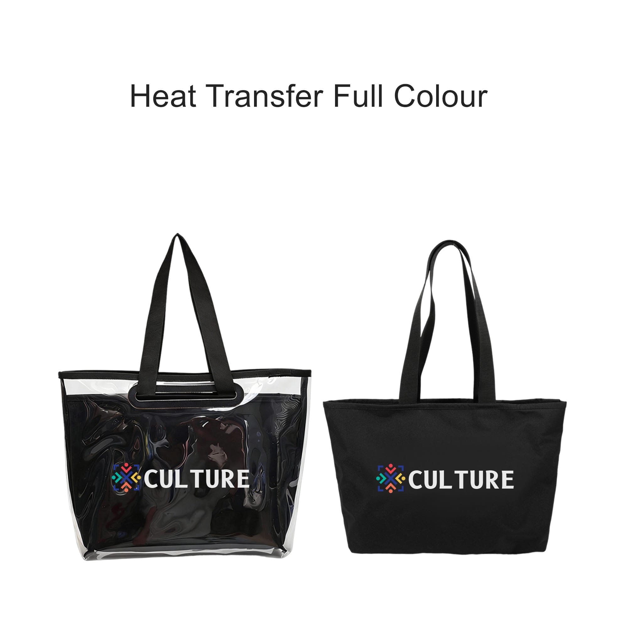 A promotional tote bag in black alongside a transparent tote with a detachable PVC cover, both featuring a logo.