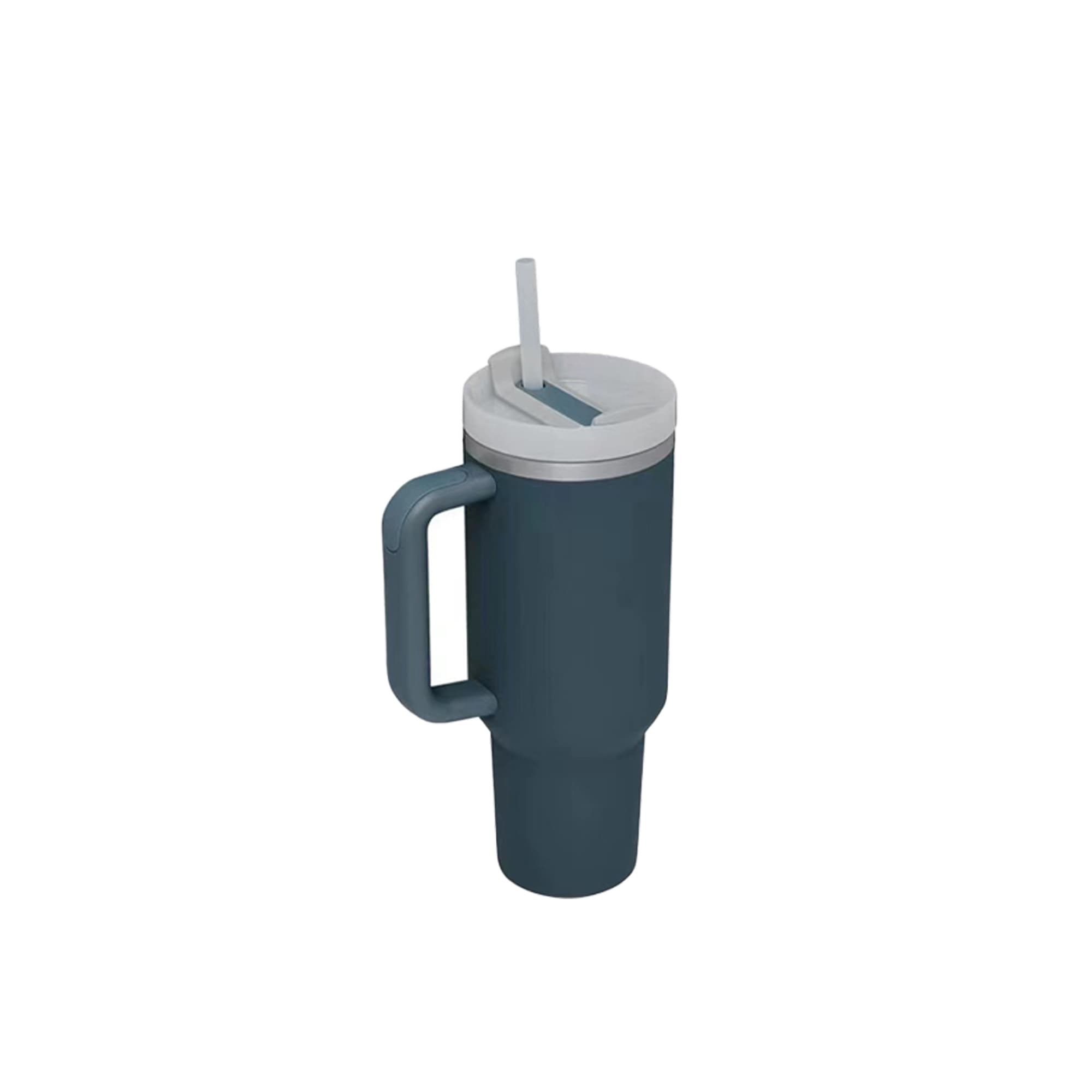 A drink bottle featuring a dark teal body, a grey lid, a straw, and a handle. It also has a logo.