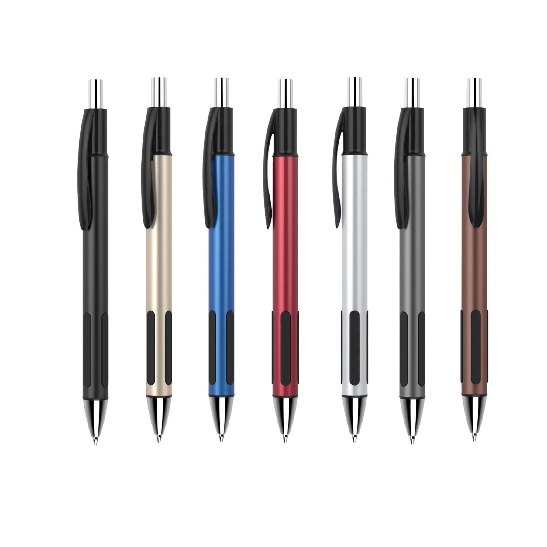 A selection of plastic pens in black, gold, blue, red, silver, grey, and brown, featuring a logo on each.