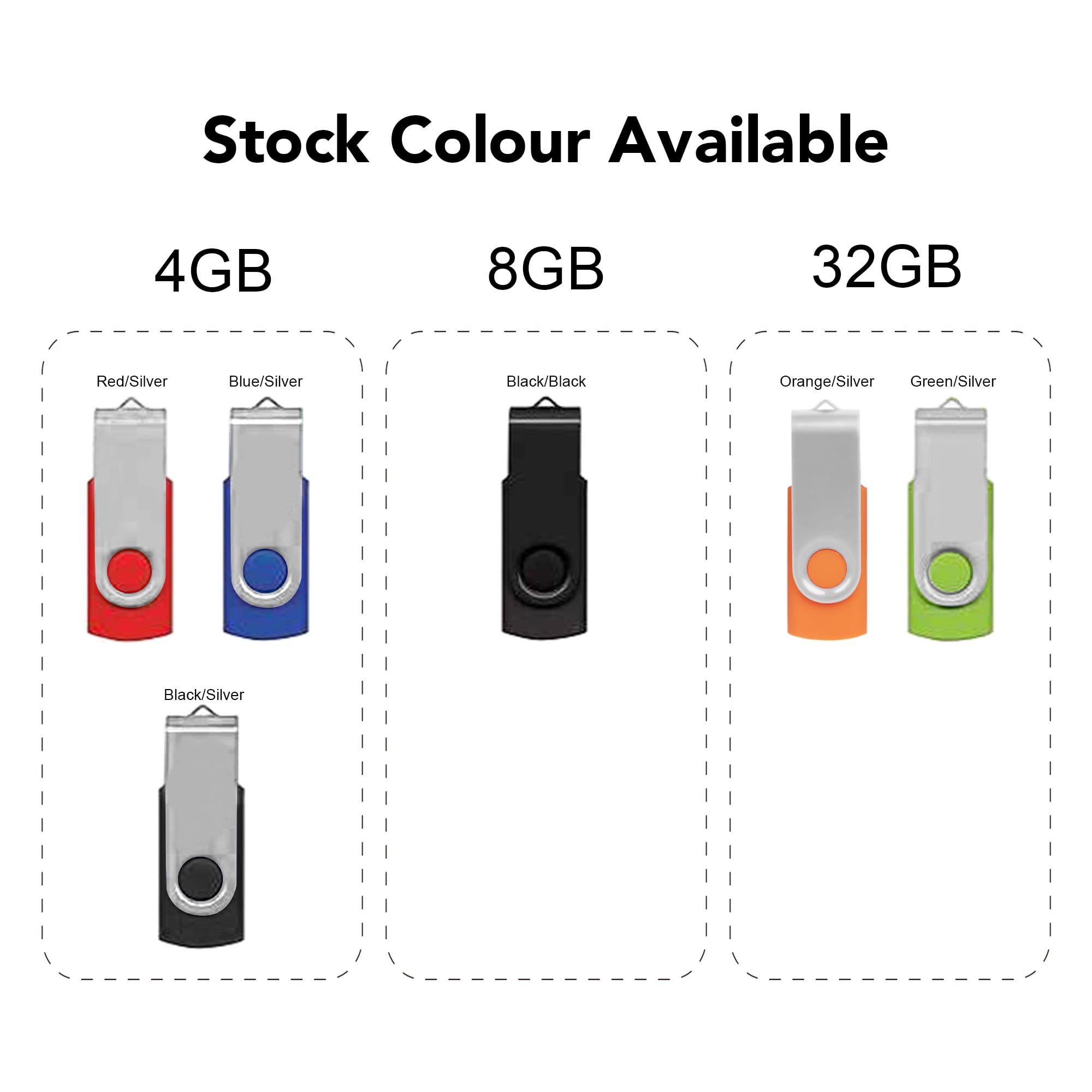 A collection of Belton Swivel Flash Drives in various colours: red/silver, blue/silver, black/black, orange/silver, and green/silver.