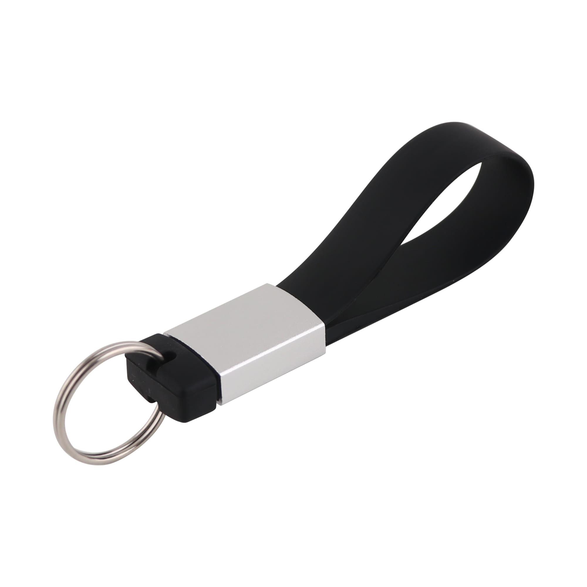 A black silicone tag flash drive with a silver connector and a keyring attachment.