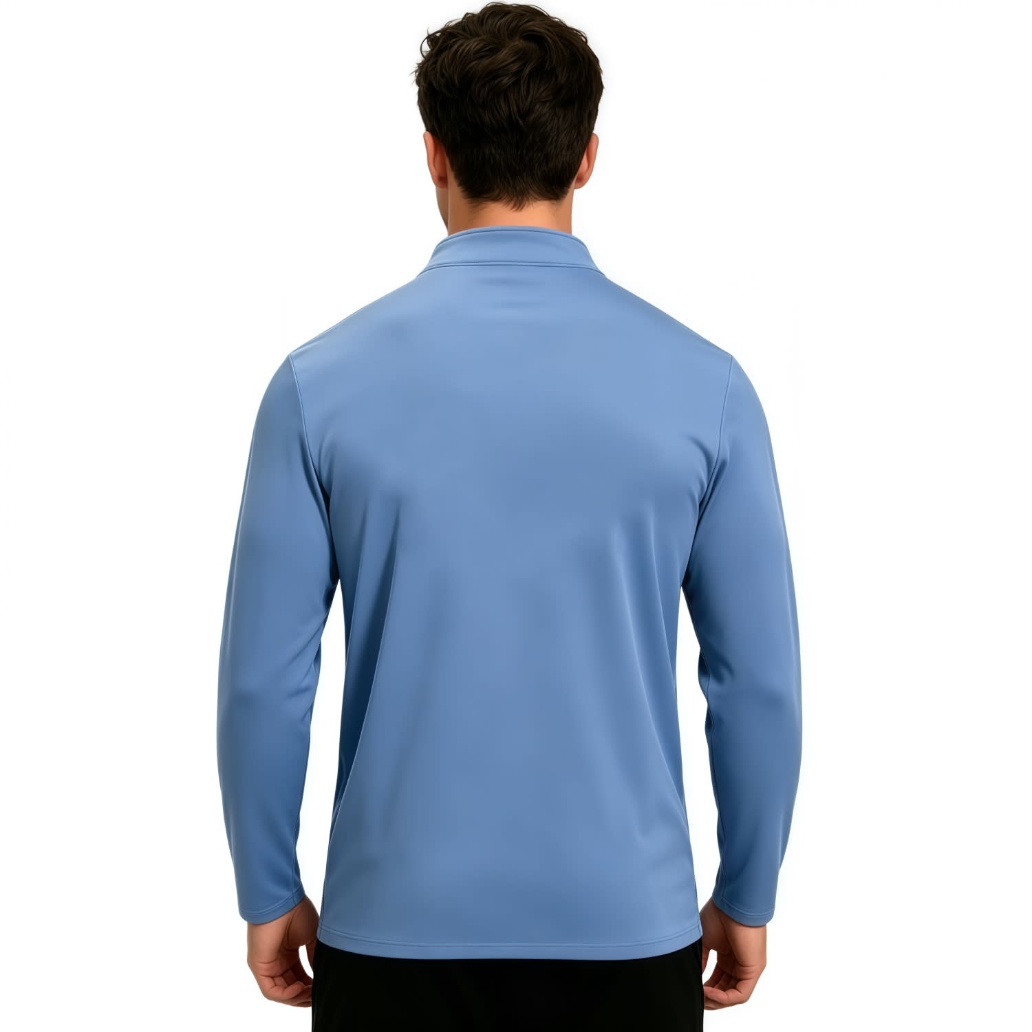 A men's 1/4 zip fishing pullover in blue, crafted from polyester and spandex, featuring a plain back and long sleeves.