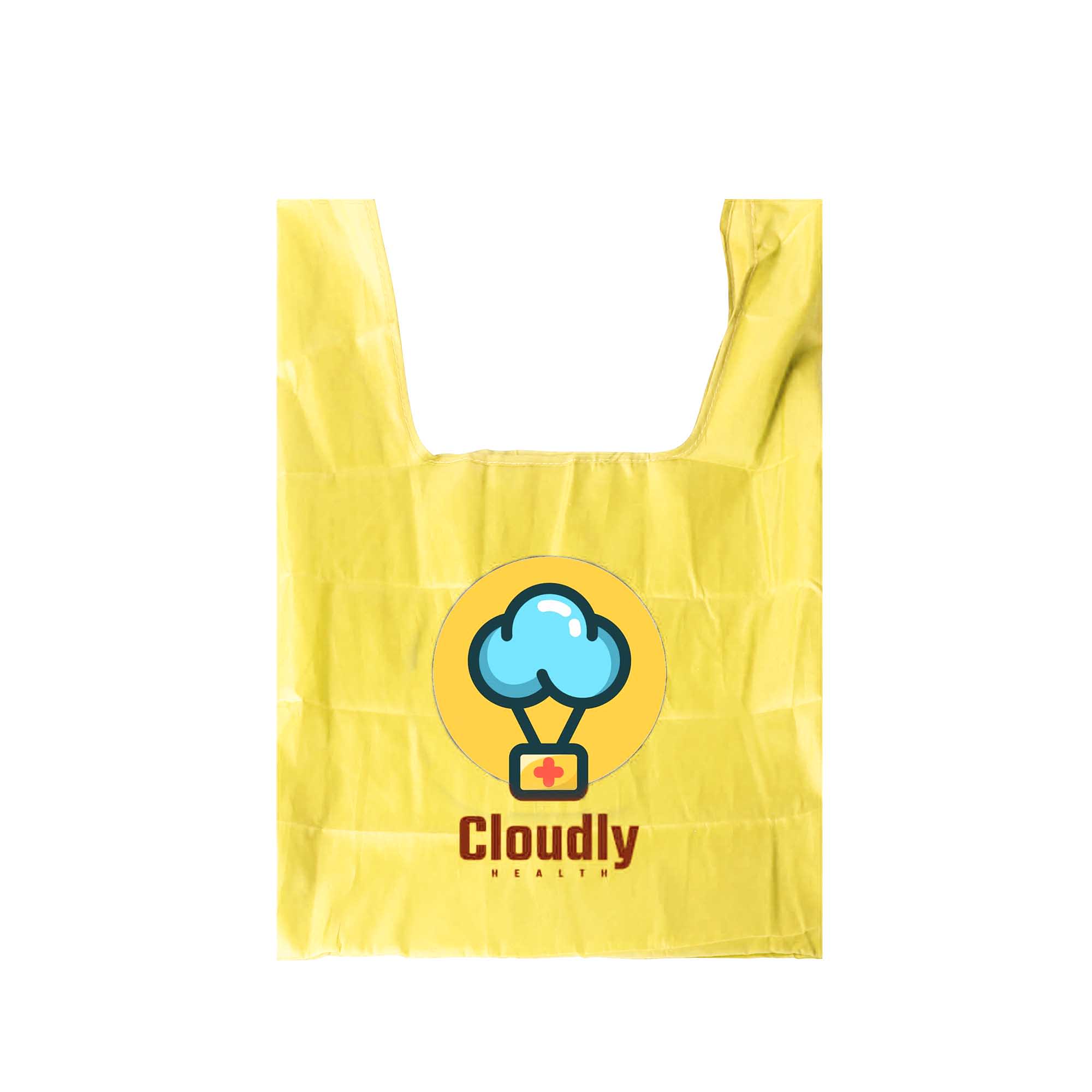 A yellow reusable foldaway shopping bag featuring a logo in the centre.