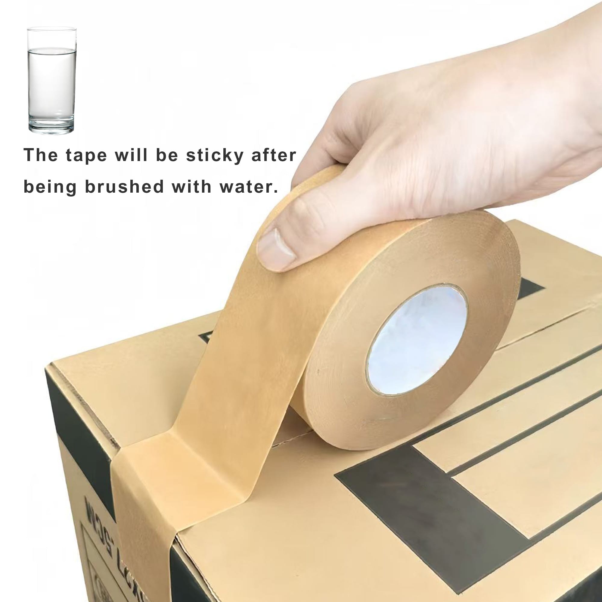 A hand holds a roll of brown water-activated gummed kraft paper tape above a cardboard box. The tape has a circular inner core.