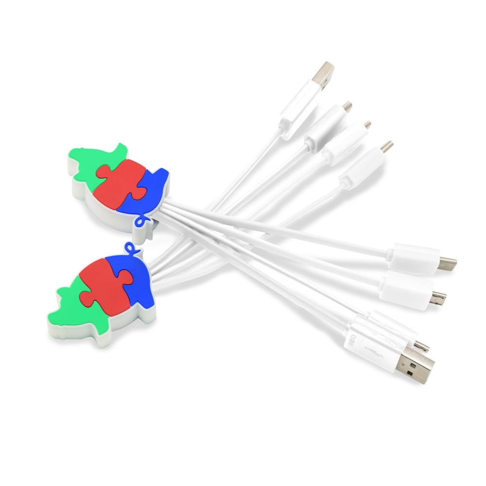 A colourful custom USB charging cable with a puzzle-shaped connector and multiple charging ends in white.