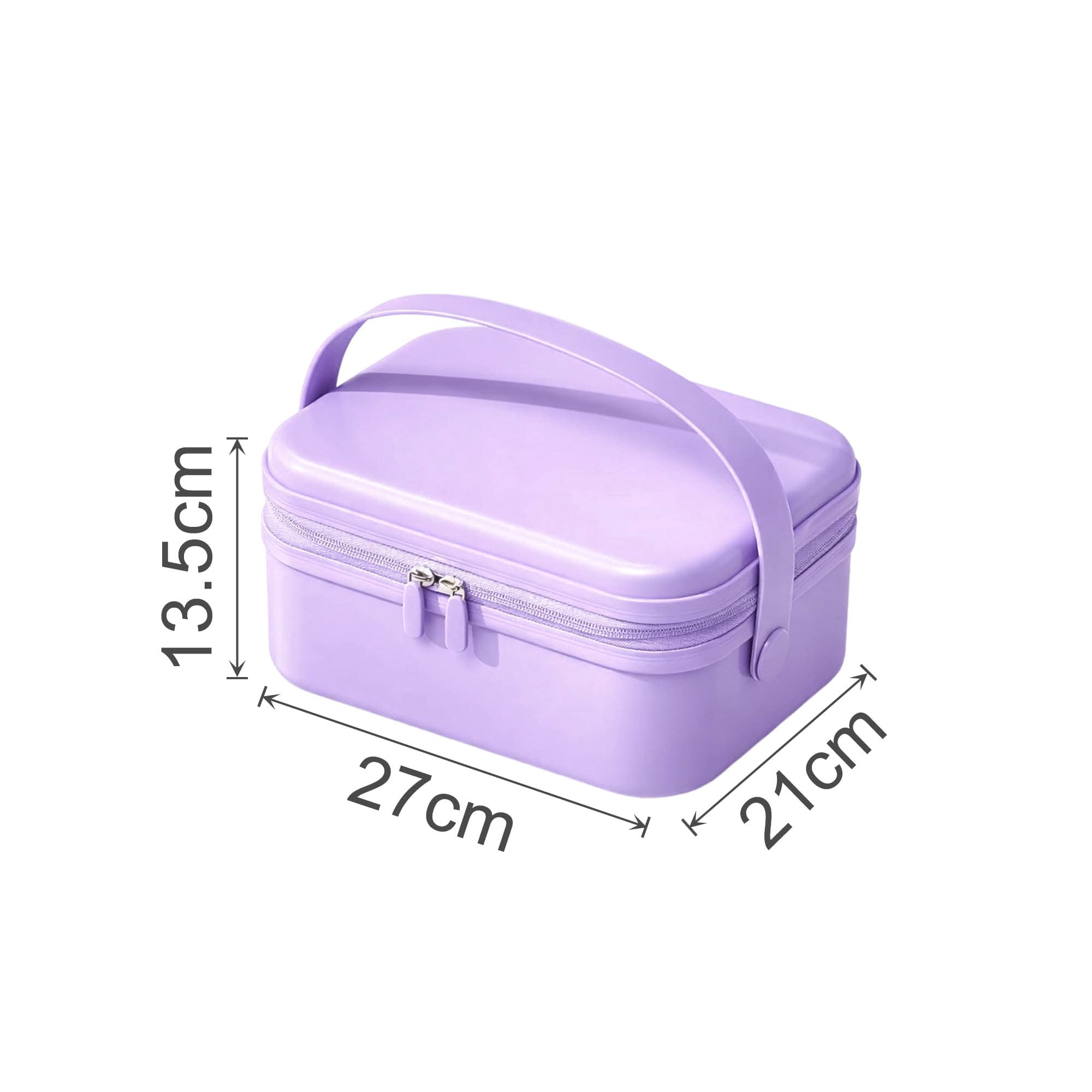 A purple portable mini suitcase with a handle, featuring a zip closure, measuring 27cm x 21cm x 13.5cm.