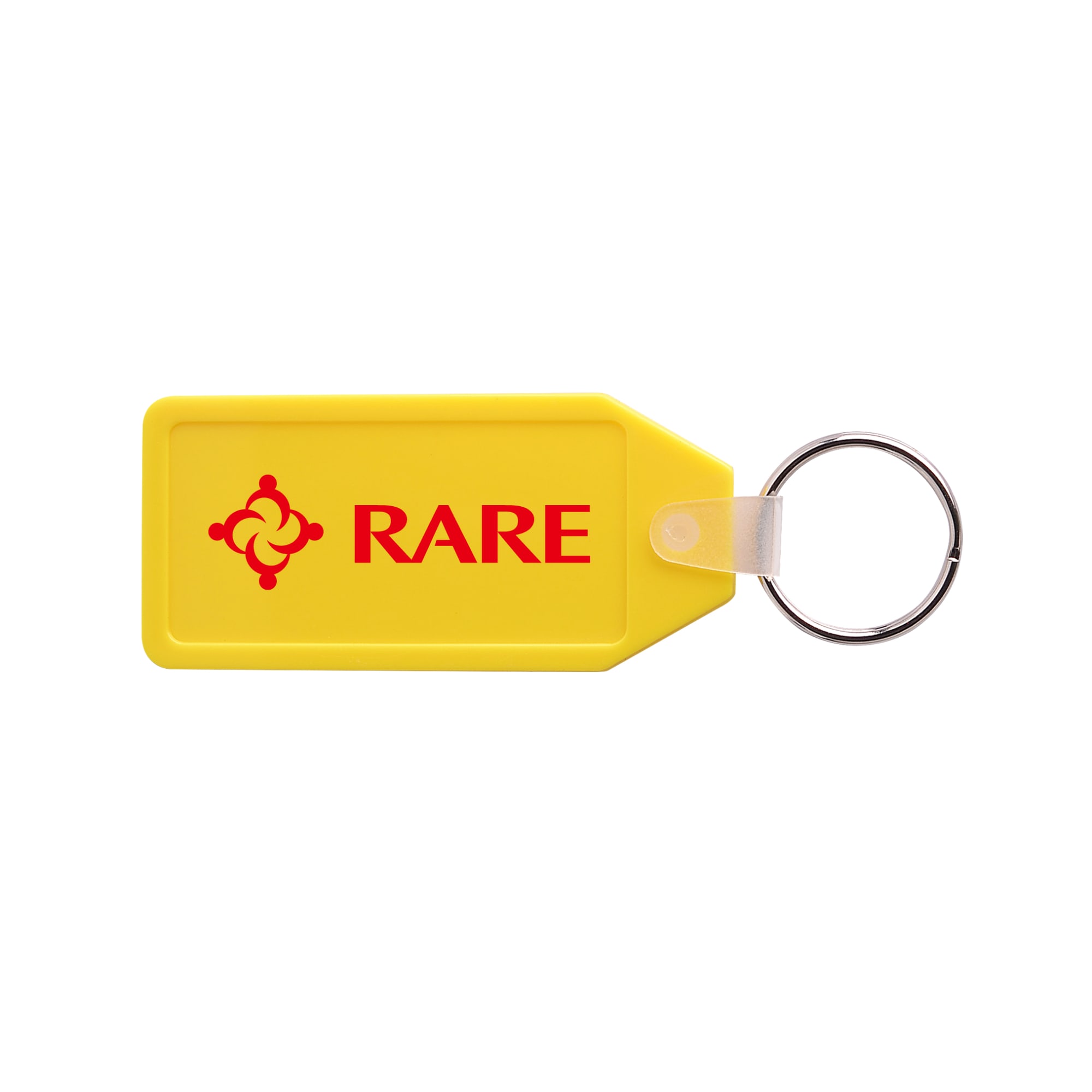 A long hexagon hard plastic keyring in bright yellow with a circular metal keyring attachment and a logo design.