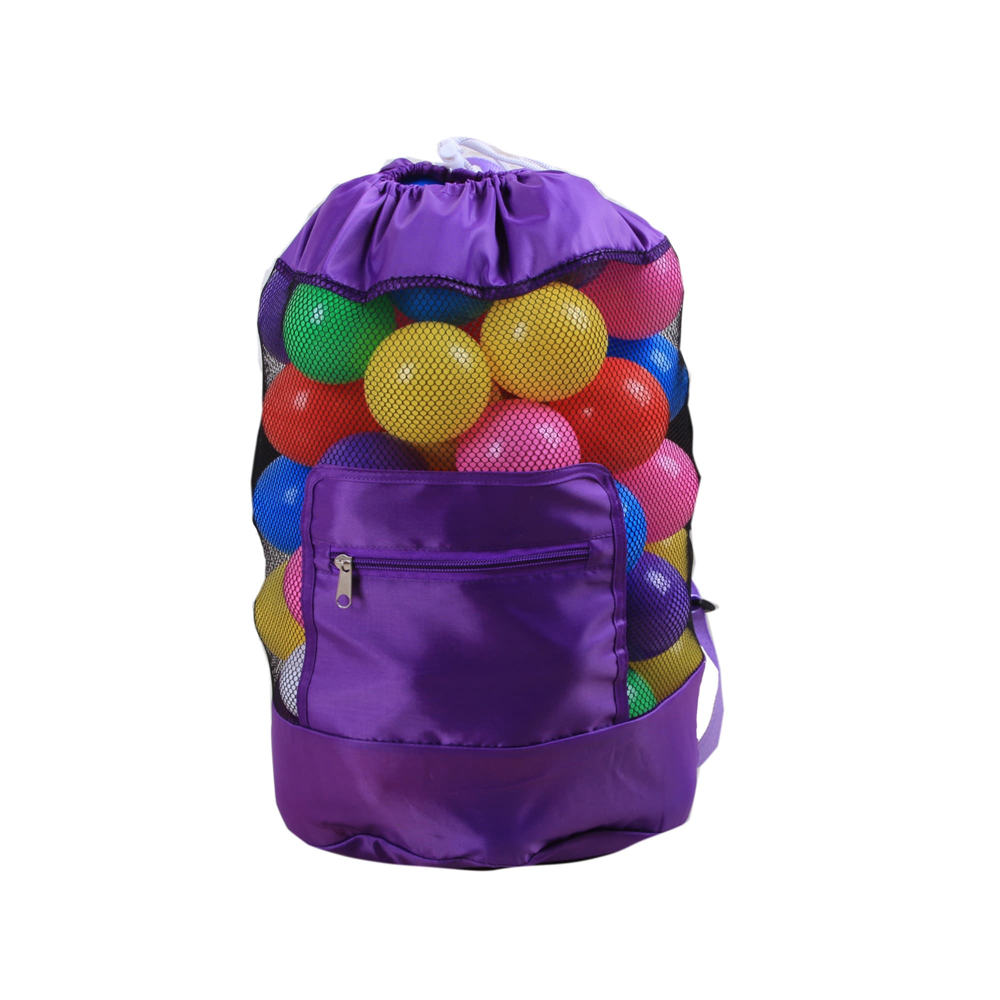 A foldable mesh drawstring backpack in purple, filled with multicoloured balls, featuring a small front pocket and a logo.