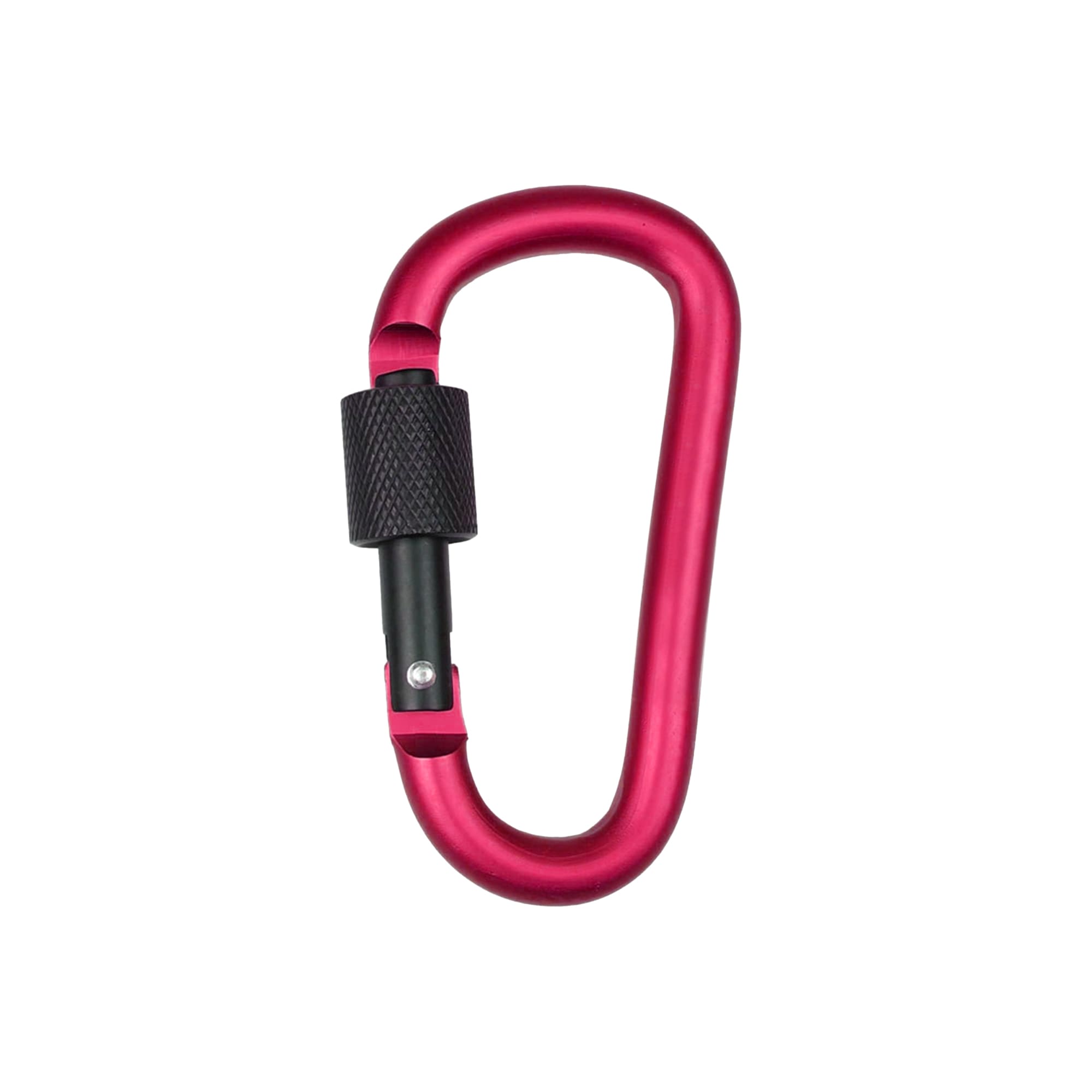 A pink D-shaped metal screw lock keychain with a black locking mechanism. It features a branding logo.