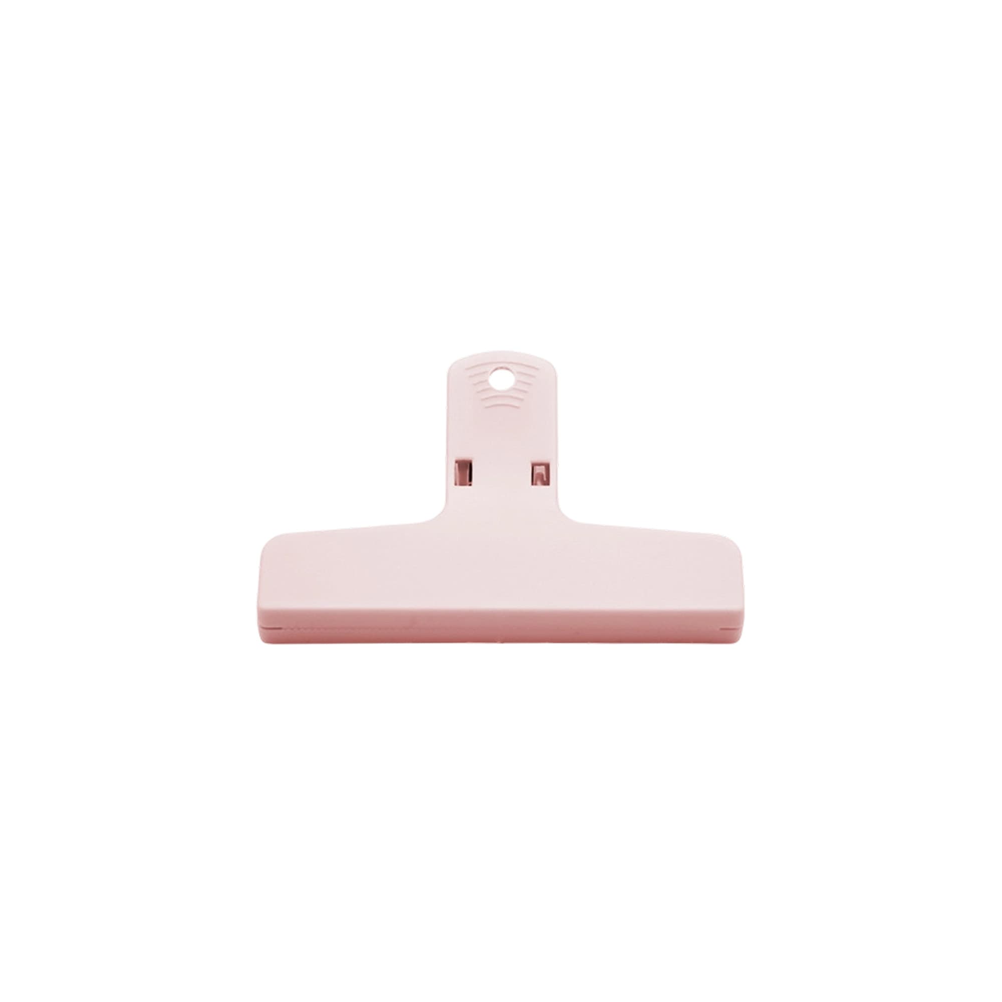 A pink plastic magnetic clip with a flat base and a hanging hole at the top. It features a logo on the surface.