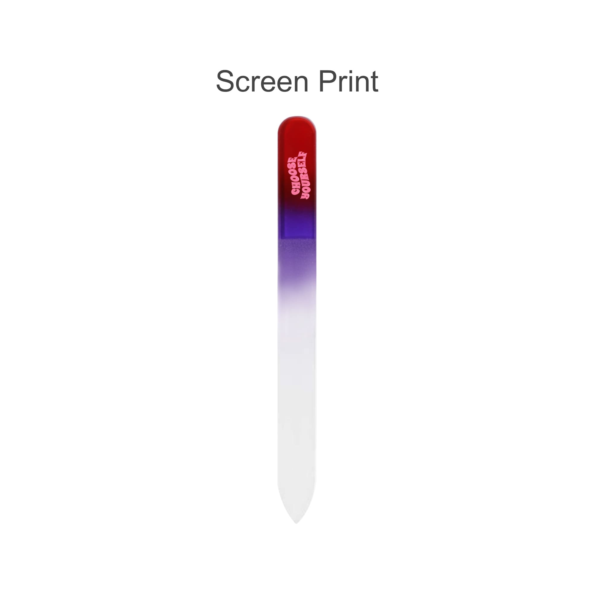 A gradient coloured glass nail file featuring a purple to red fade. It has a branded logo on the handle.