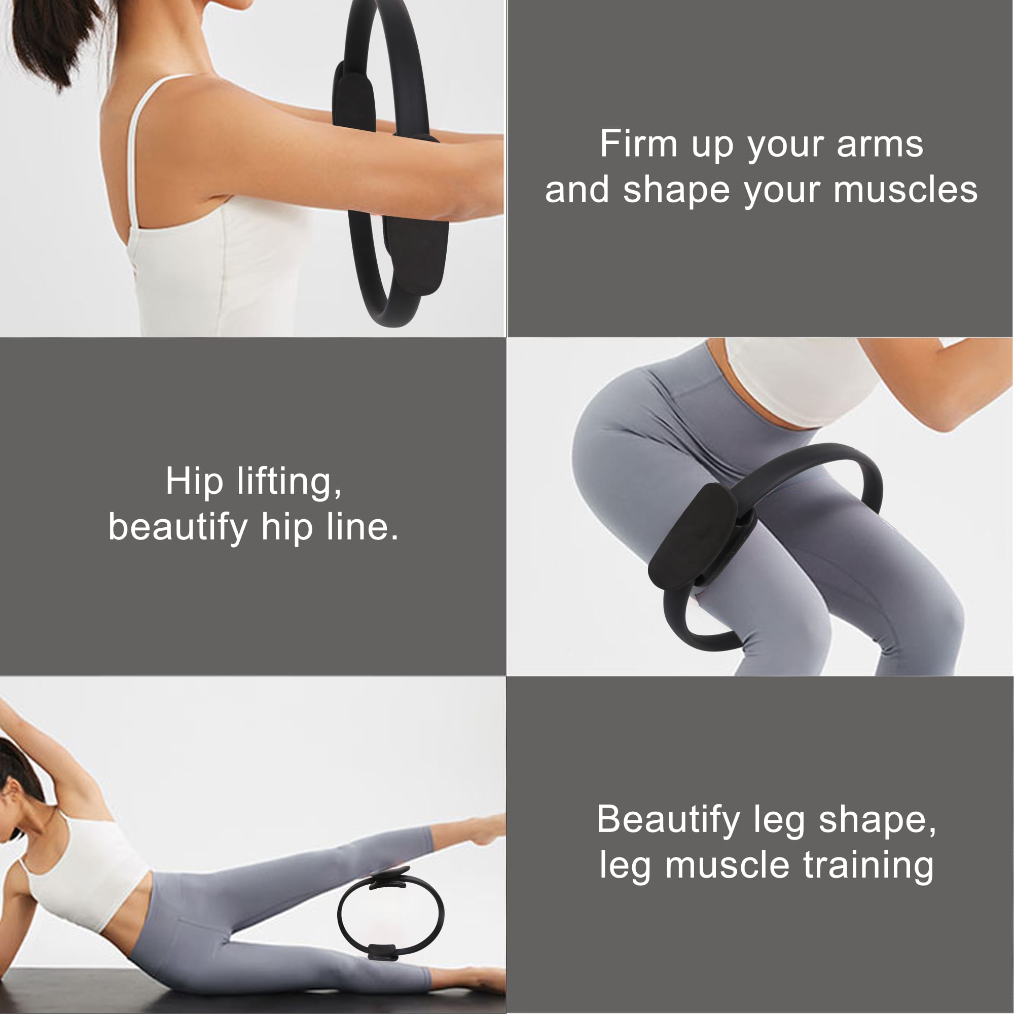 A Pilates circle in black, featured with a model demonstrating various exercises to enhance muscle tone and shape.