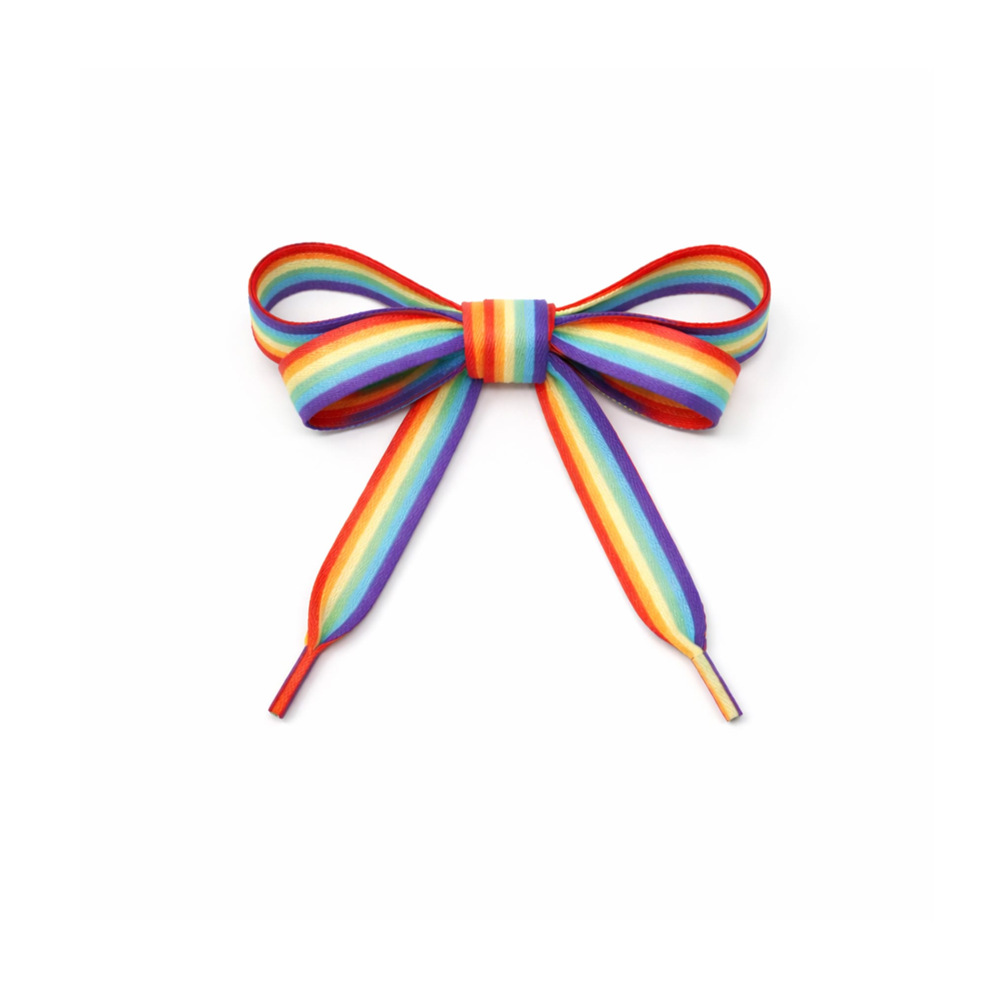 A rainbow-coloured bow made of striped fabric, featuring vibrant hues of red, orange, yellow, green, blue, and purple.