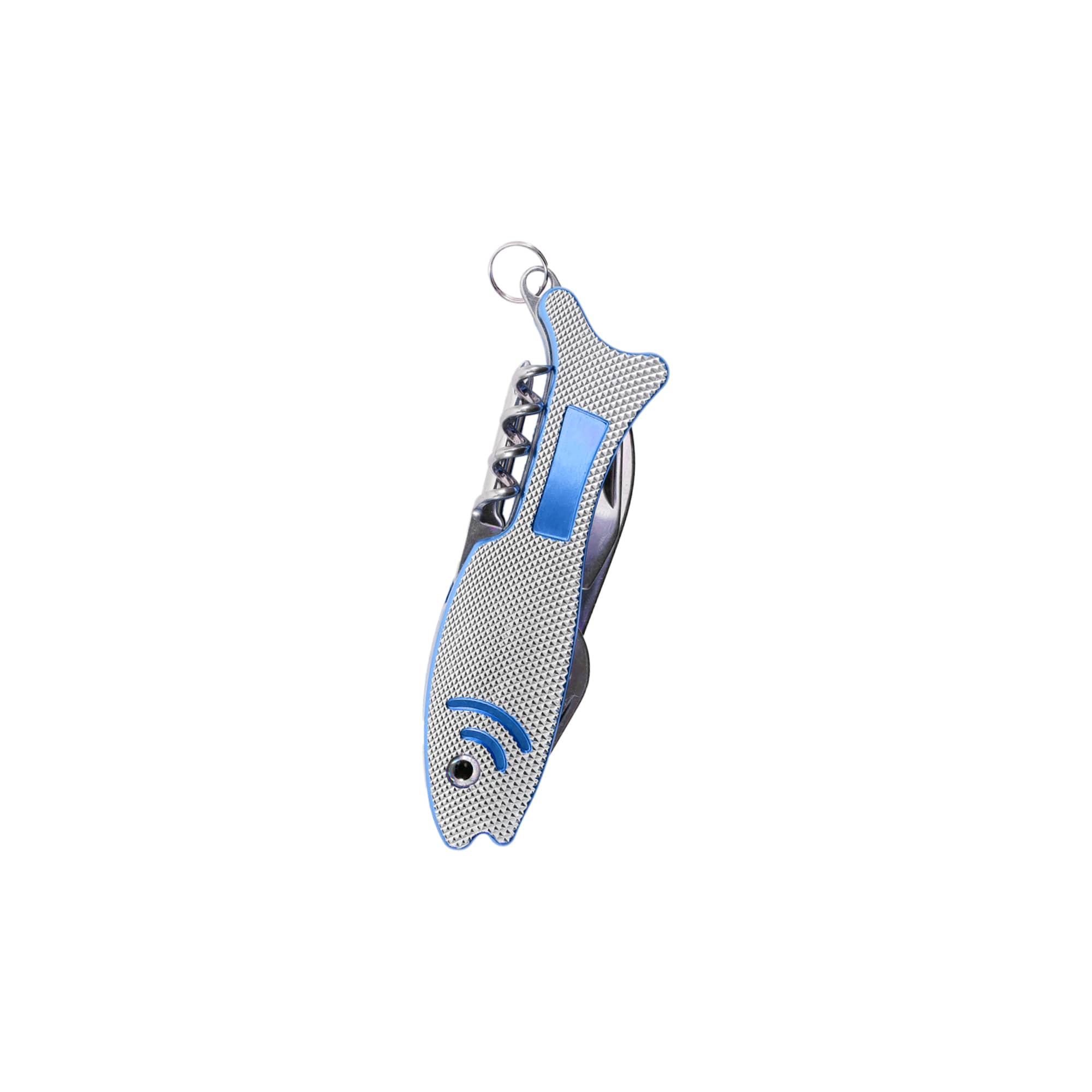 A silver and blue multitool shaped like a fish, featuring various tools and a keyring attachment.