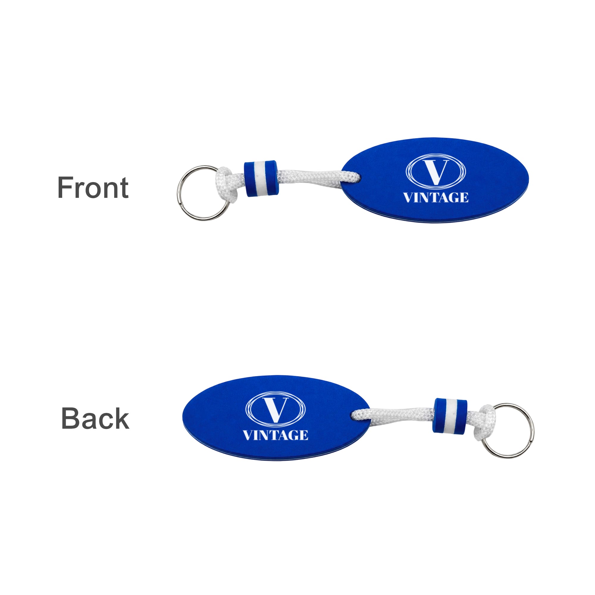 A blue EVA floating keychain with a white cord and a metal ring. It features a logo on both sides.