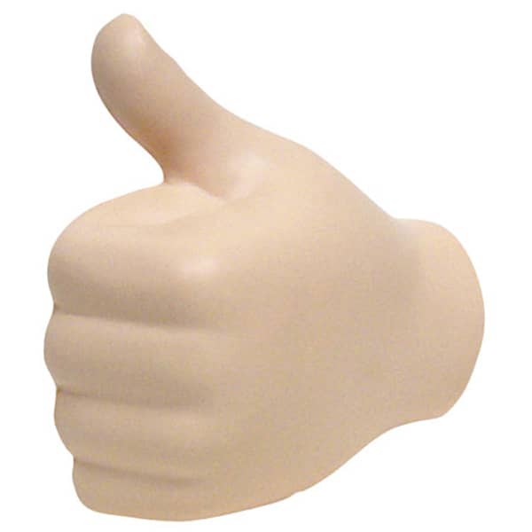 A beige, fist-shaped stress reliever with a thumbs-up gesture, featuring a smooth texture and a small logo.