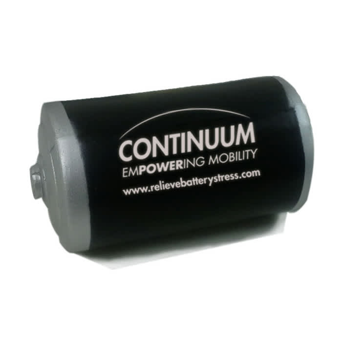 A black and silver battery-shaped stress reliever with a logo on one side.