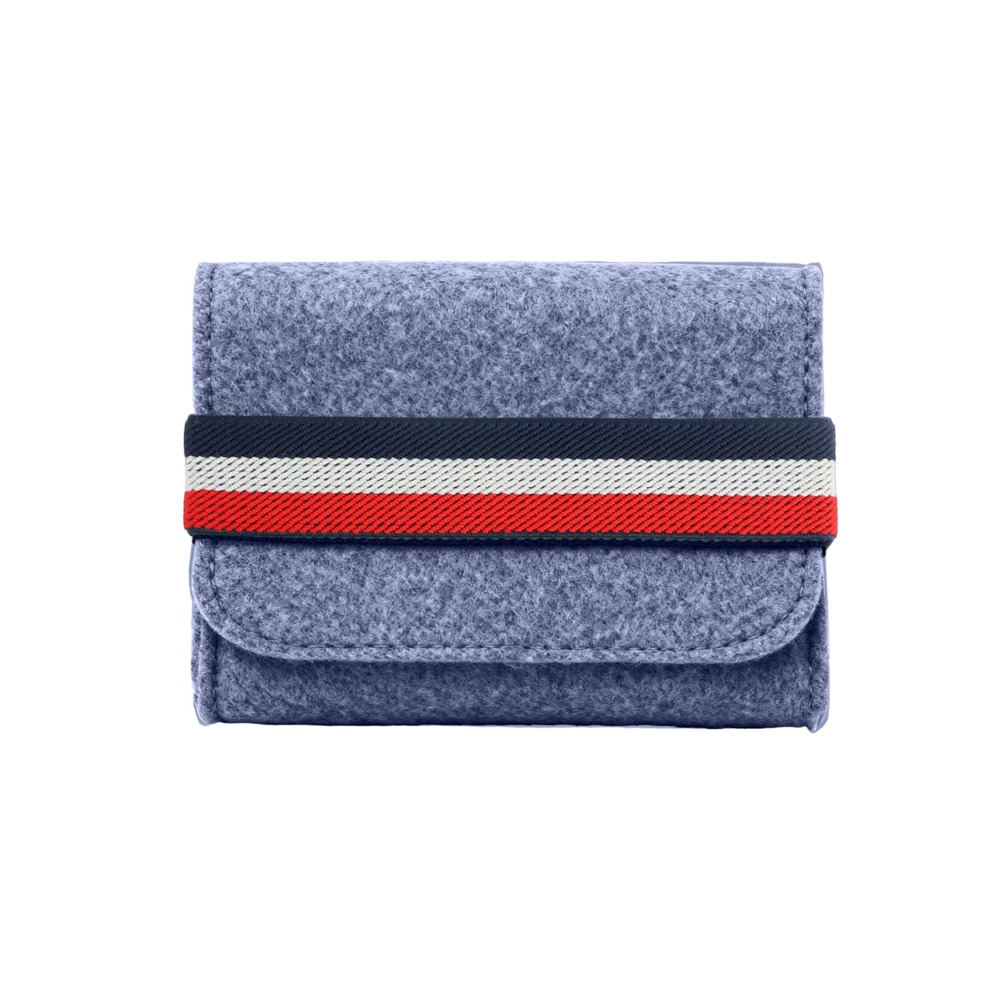 A grey felt organiser with a striped elastic band in navy, white, and red, featuring a logo on the front.