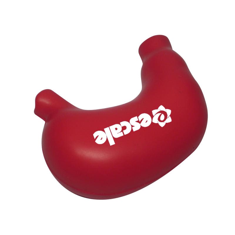 A red stomach-shaped stress reliever with a logo, featuring a smooth, soft texture.