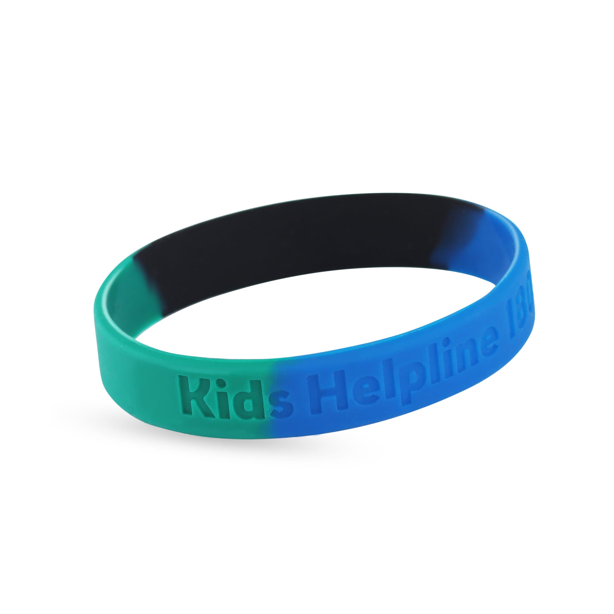 A coloured silicon wristband featuring shades of green and blue, with a logo. Suitable for events and promotions.
