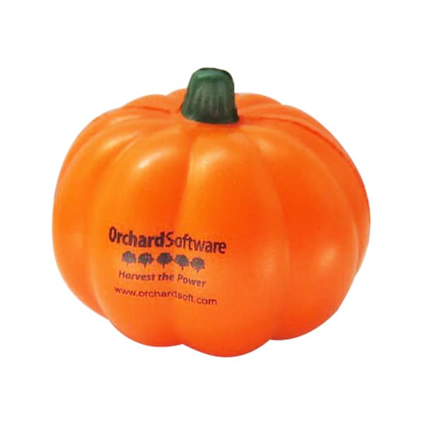 An orange pumpkin-shaped stress reliever with a green stem and a logo on one side.