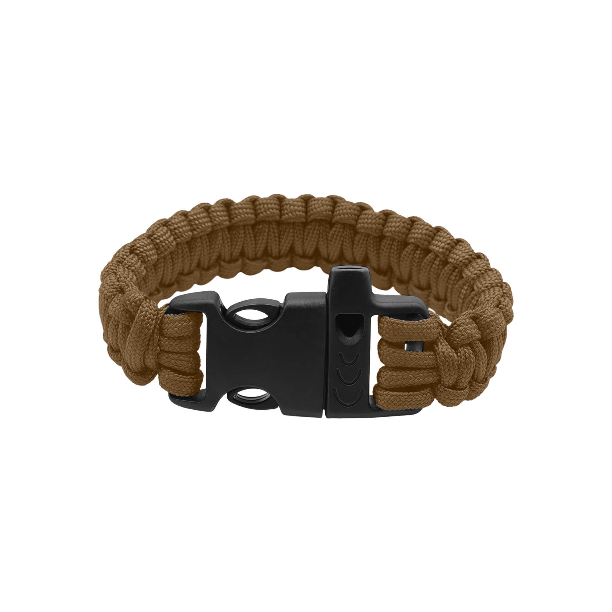 A brown paracord bracelet featuring a black clasp and a built-in whistle. It has a woven design and durable materials.