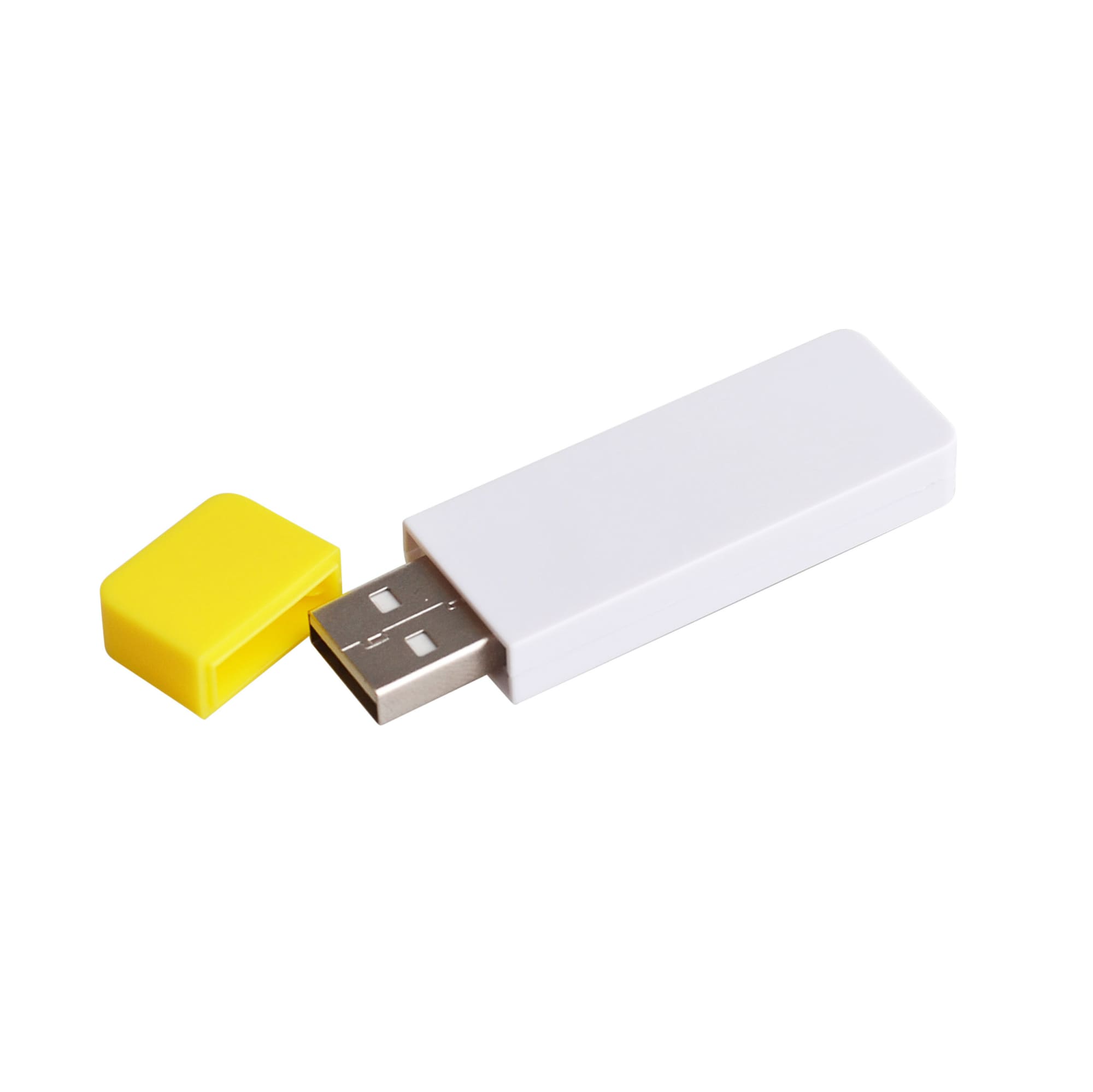 A white flash drive with a yellow cap, showcasing a USB connector. Features a logo on the side.