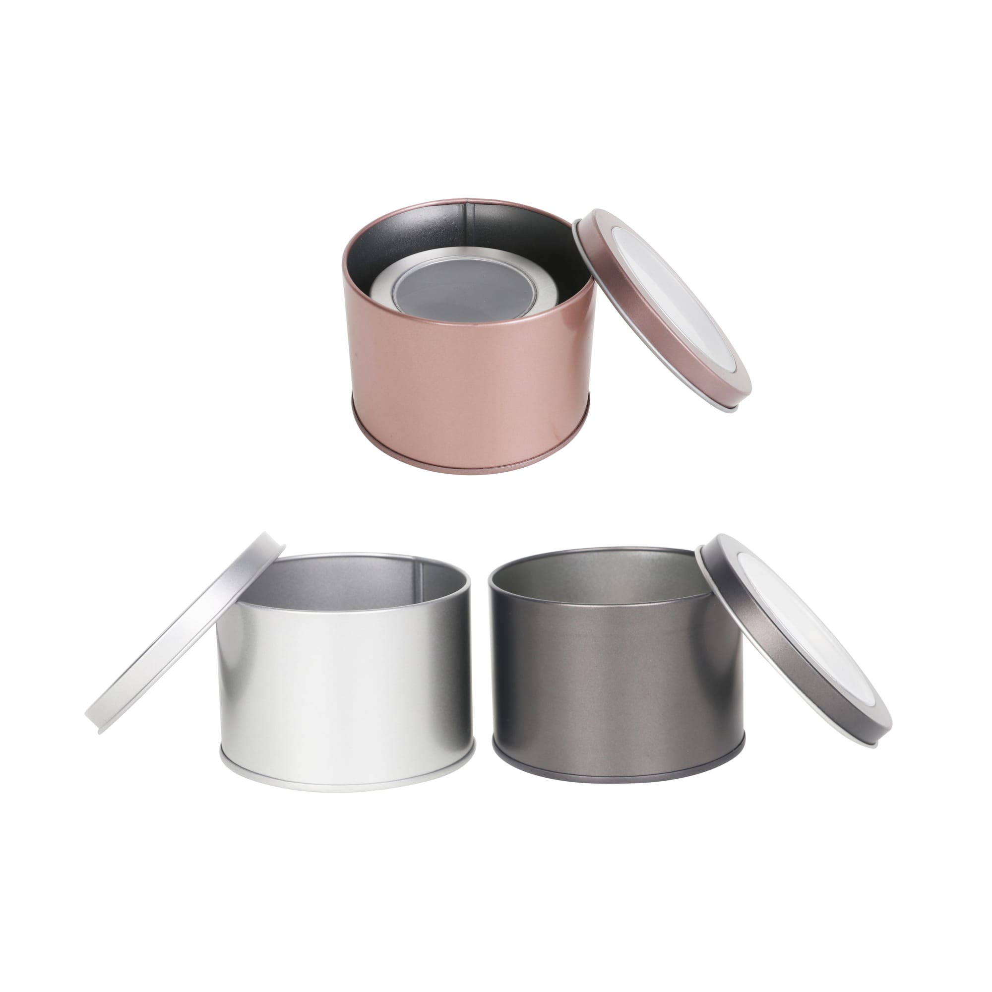 Medium tins with transparent windows, featuring pink, silver, and grey finishes. Each tin has a removable lid.