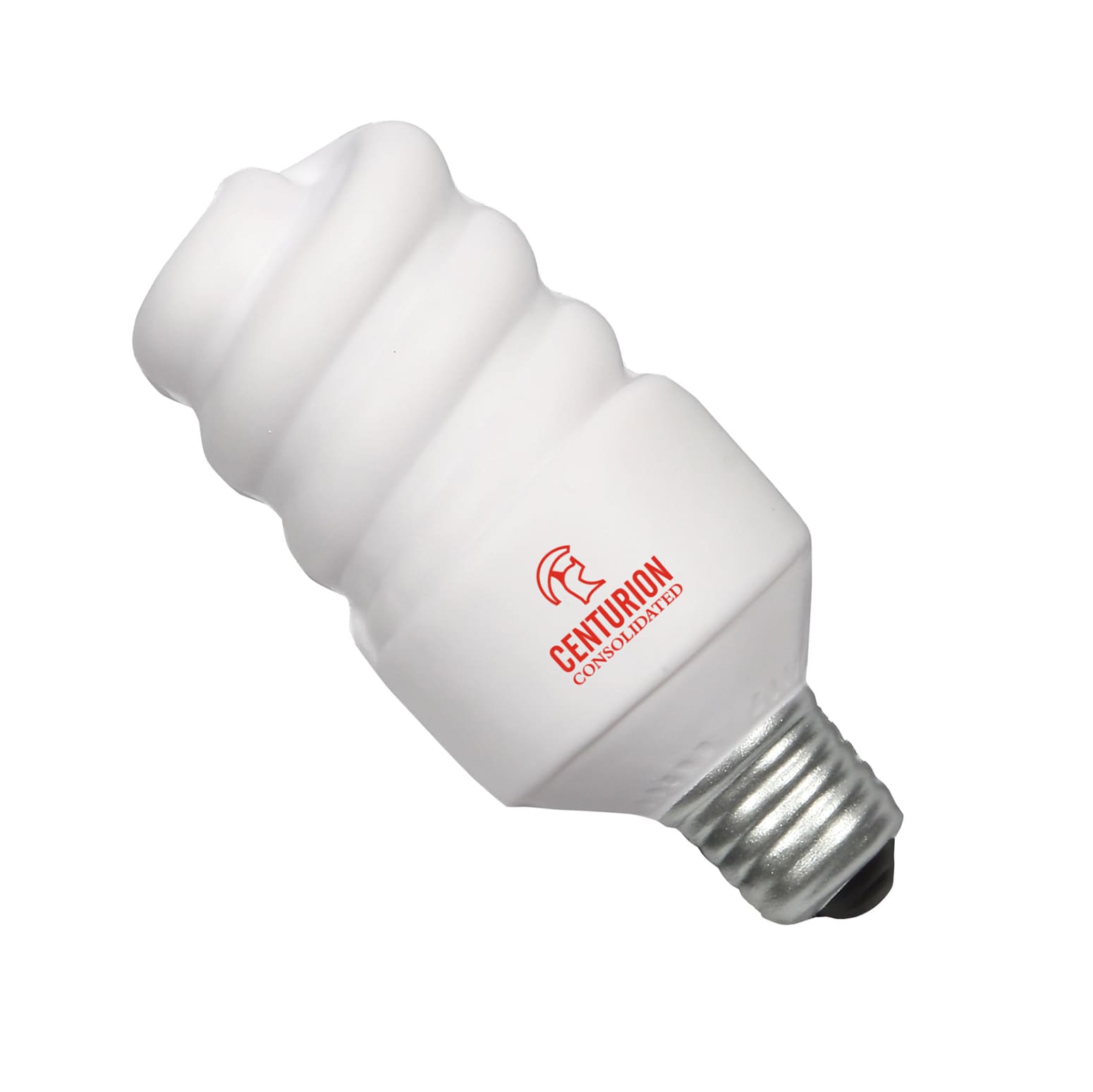A white, spiral-shaped stress reliever in the form of an electrical saving lamp, featuring a logo.