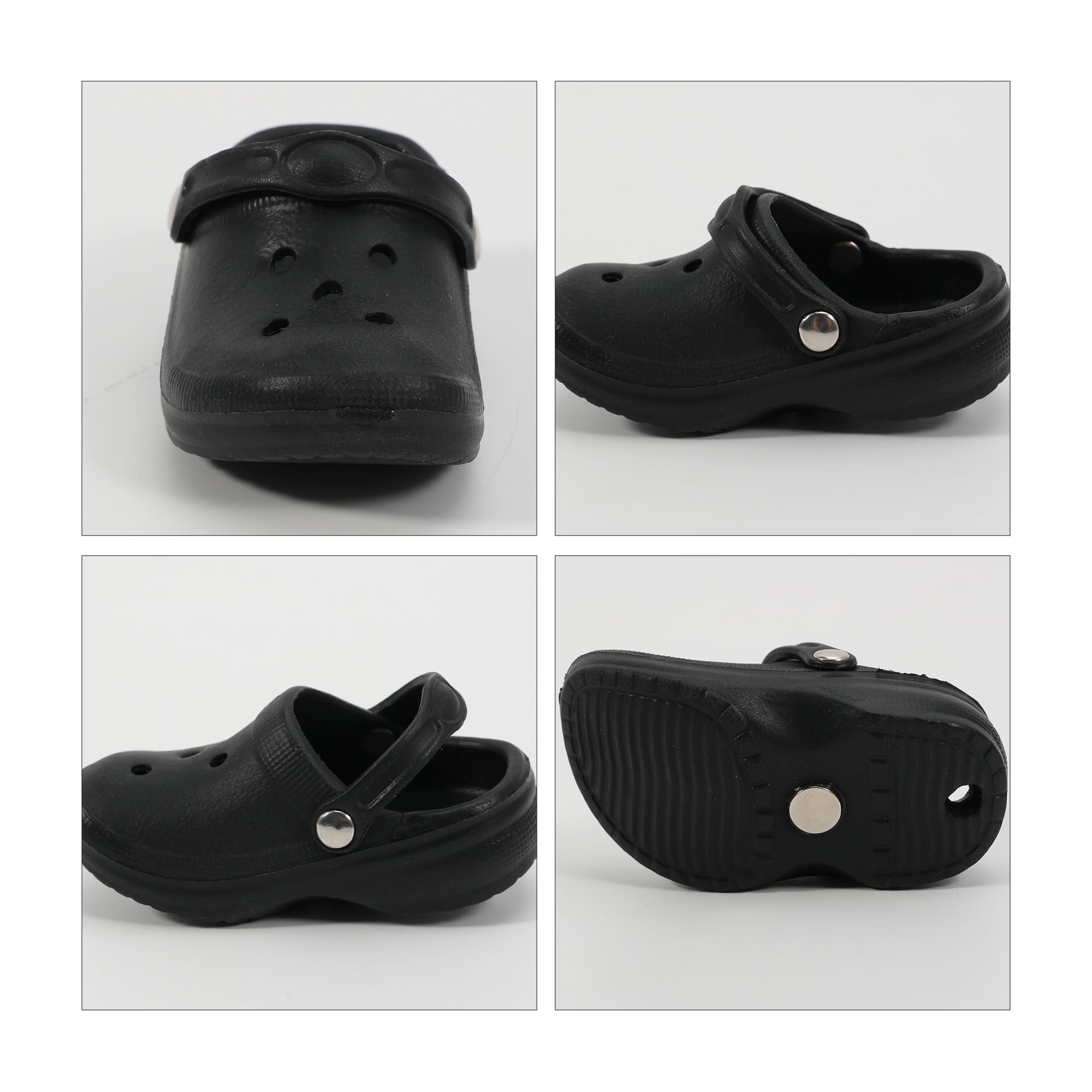 A set of four images featuring black clog shoes from different angles, showcasing a logo on the side.