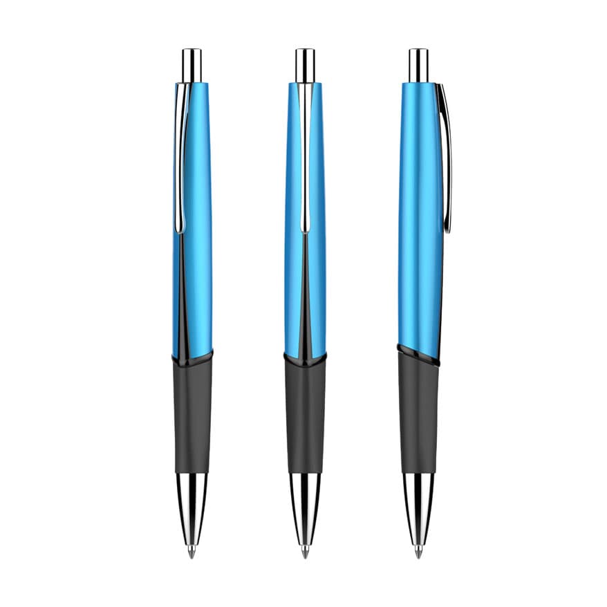 Three blue plastic pens with black grips and silver accents, featuring a logo on the barrel.