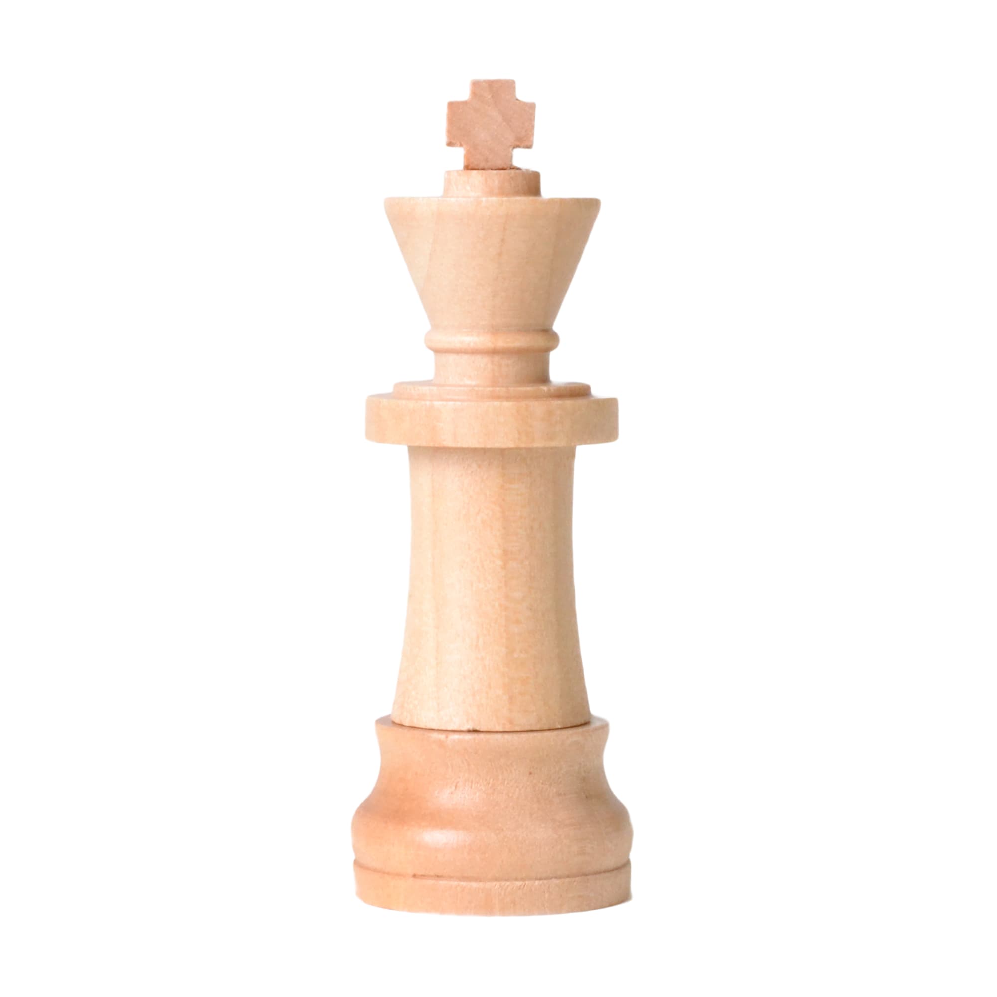 A wooden chess king piece featuring a light natural finish, standing upright against a white background.