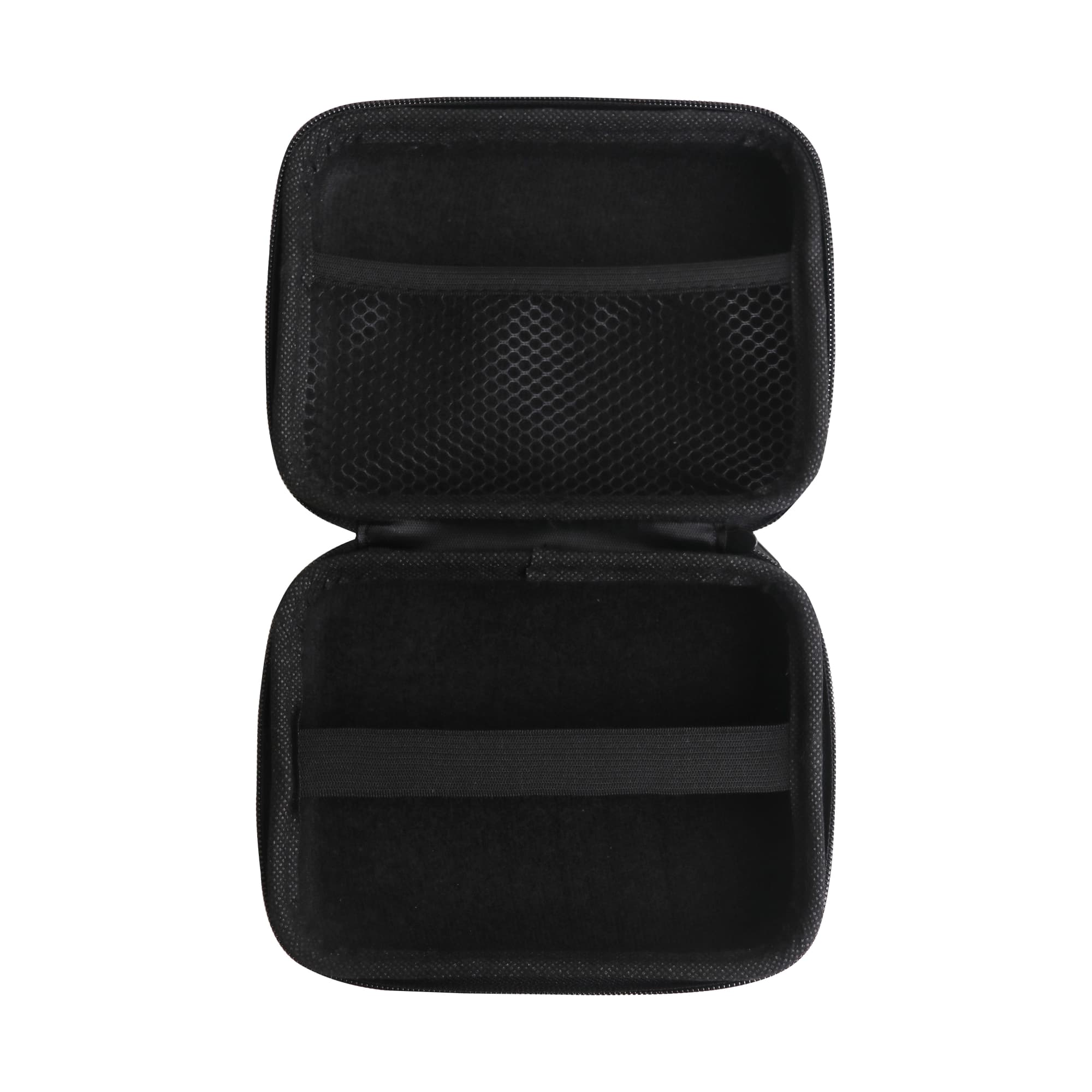 A medium black zipper case with mesh pockets and elastic straps inside for organisation. It features a textured surface.