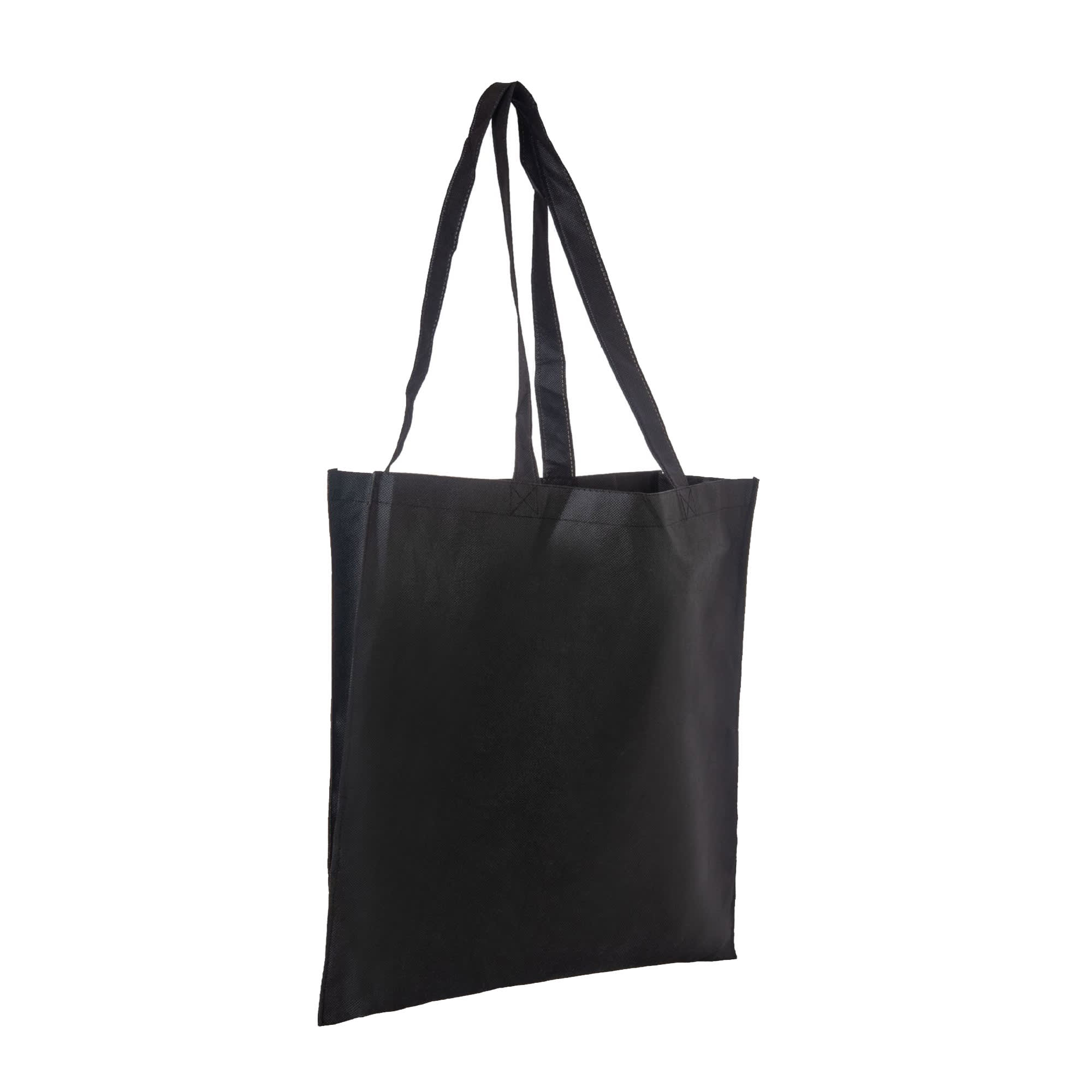 A black non-woven long handle bag with a V gusset, featuring two sturdy handles and a simple design.
