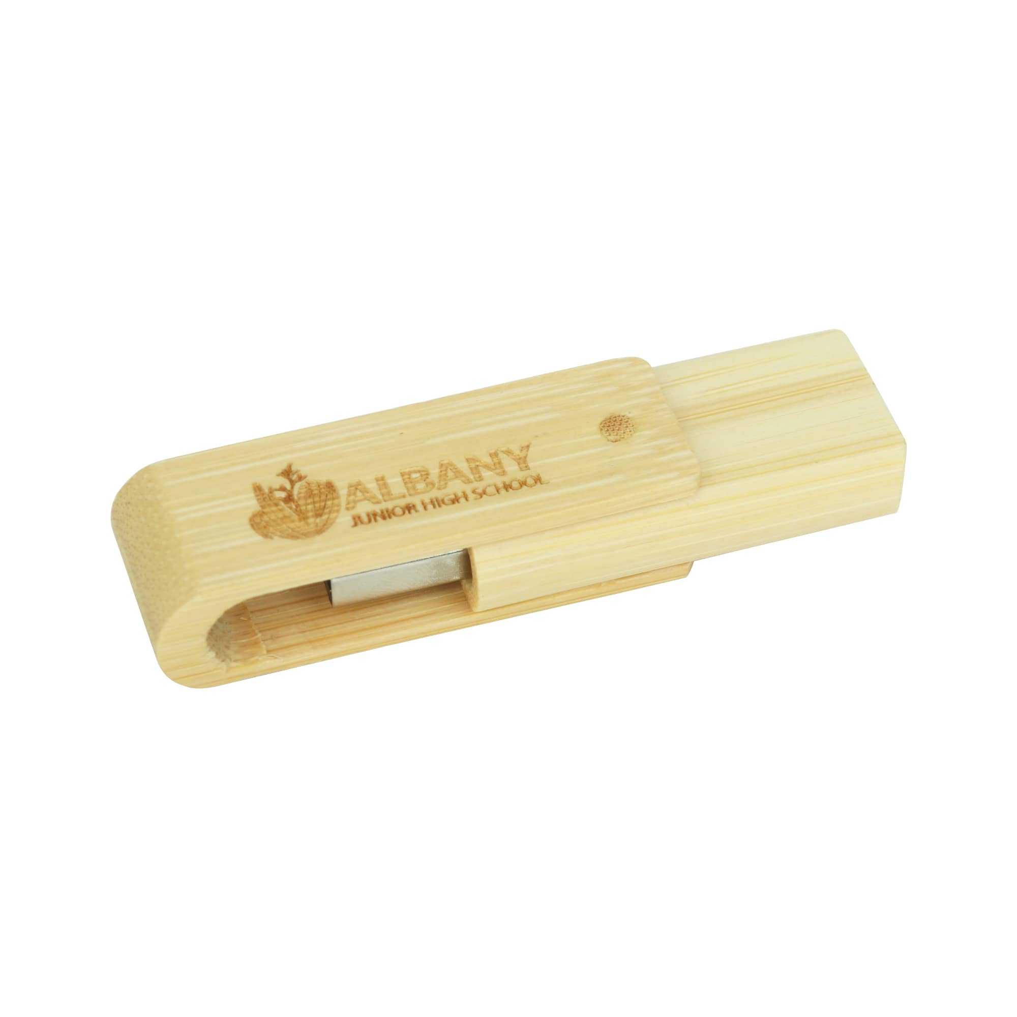A wooden flash drive in natural colour with a sliding cap design and a logo engraved on the surface.