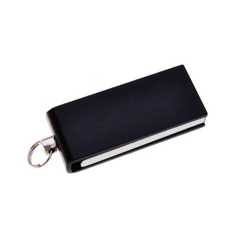 A black mini flash drive with a silver clip, featuring a sleek design and a ring for easy attachment.