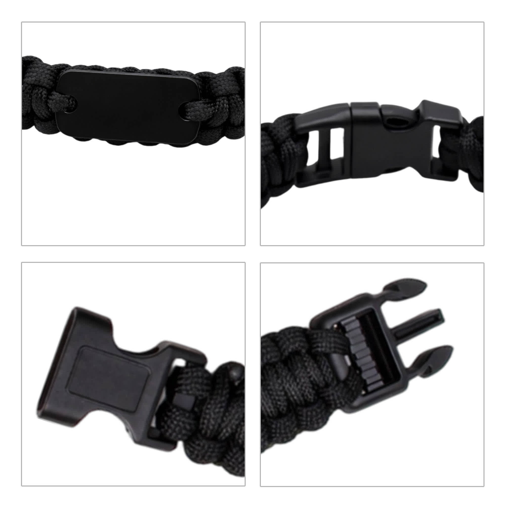 A black paracord bracelet featuring a metal plate and plastic clasp. Includes detailed views of the clasp and woven design.