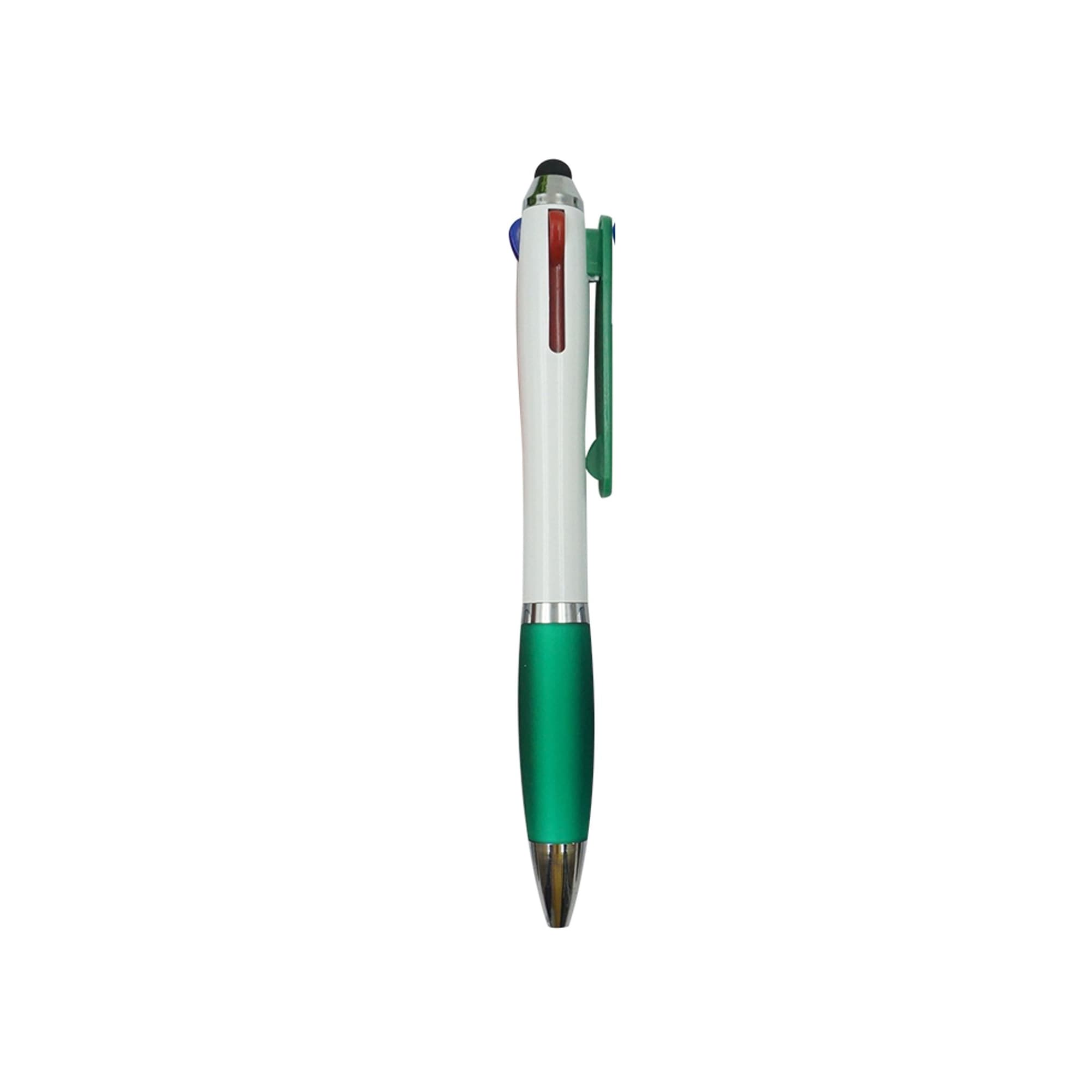 A three-colour ball pen featuring a white body, green grip, and a blue, red, and black writing function. It has a logo.