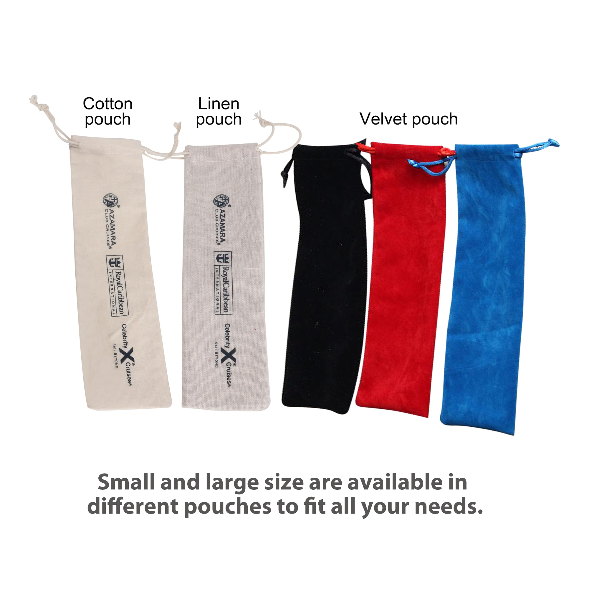 Pouches in various materials: cotton, linen, black velvet, red velvet, and blue velvet, showcasing sizes for different needs.