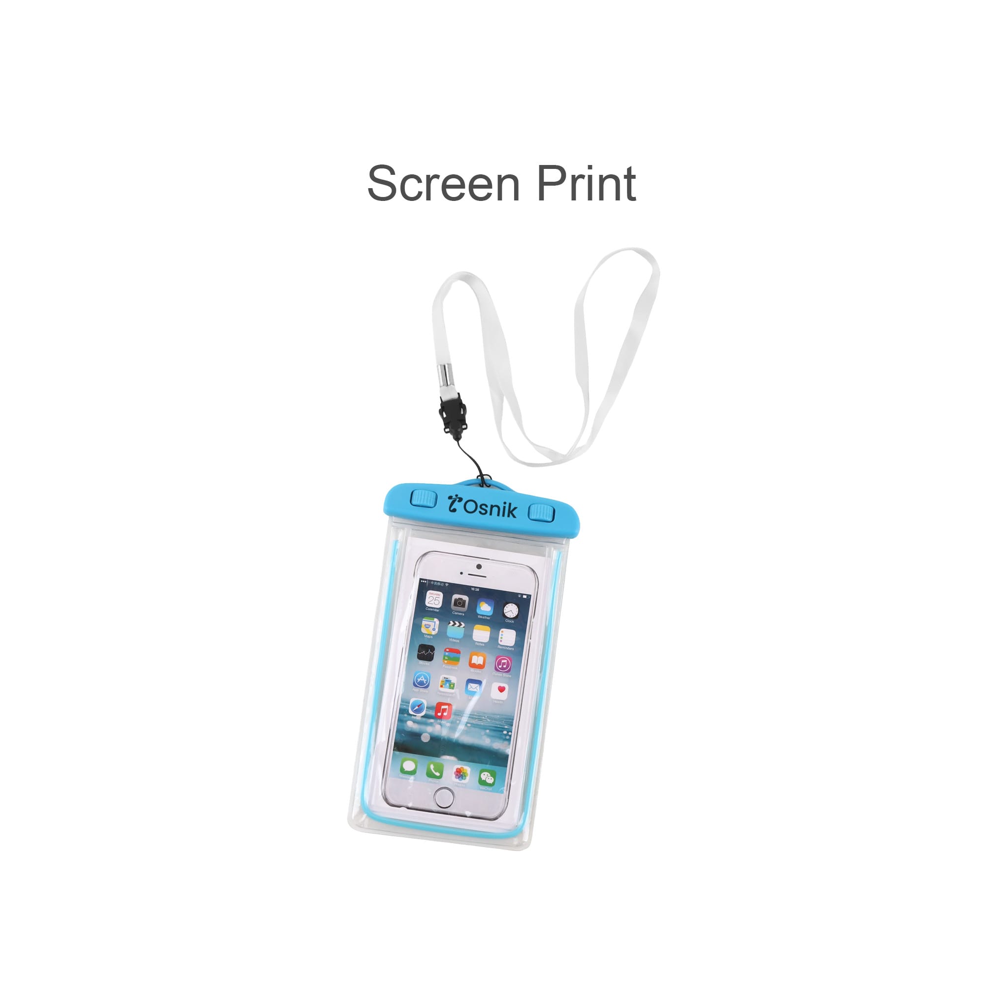 A waterproof phone bag in clear with a blue trim, featuring a lanyard for easy carry. Includes a logo.