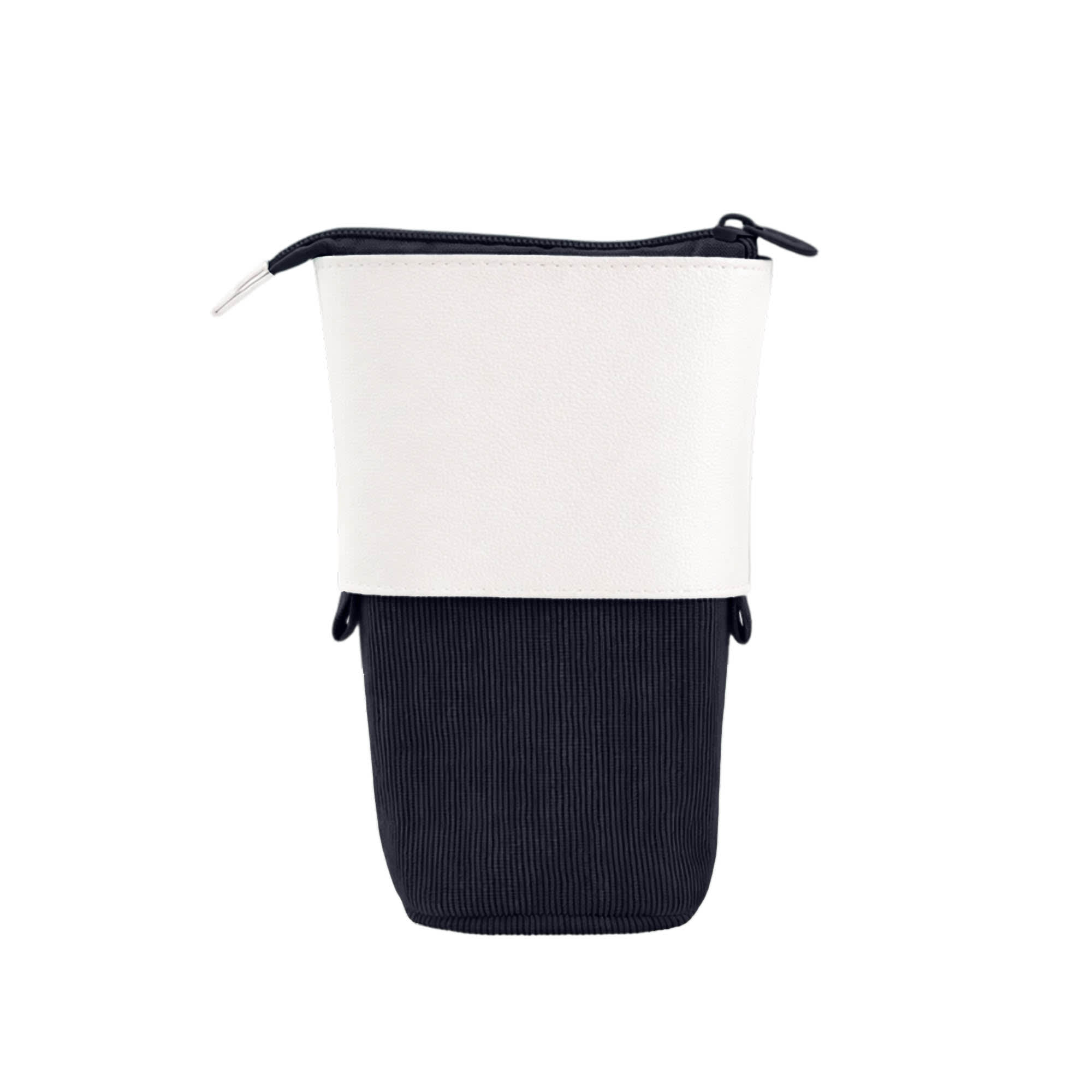 An expandable pencil case in navy and white, featuring a sleek design and a zippered top. It includes branding.