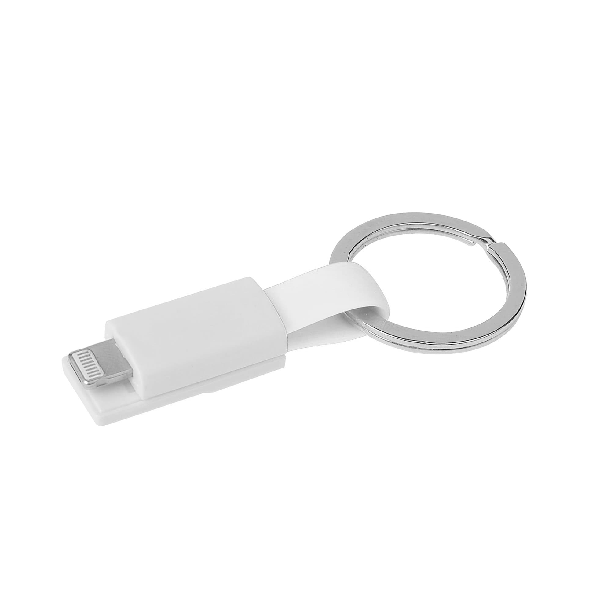 A white magnetic charging cable with a keyring attachment. The design is compact and includes a connector.