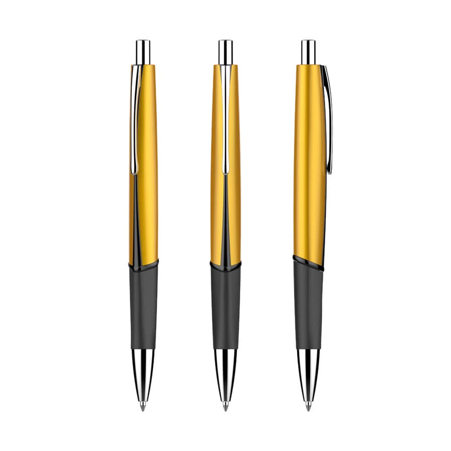 A set of three plastic pens featuring a shiny yellow and black design, each with silver accents and a clip.