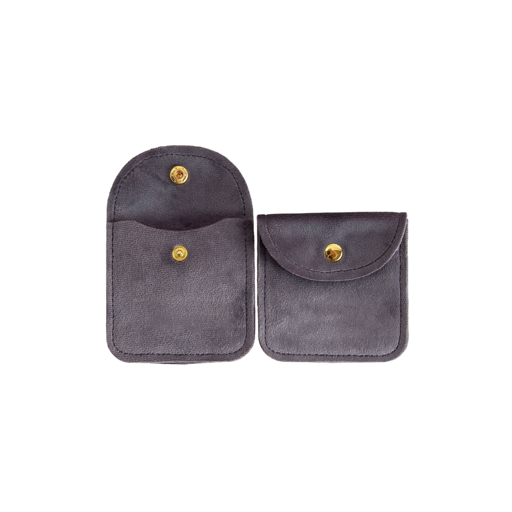 A grey velvet jewelry pouch with a snap closure and a small front pocket. It features a branding logo.