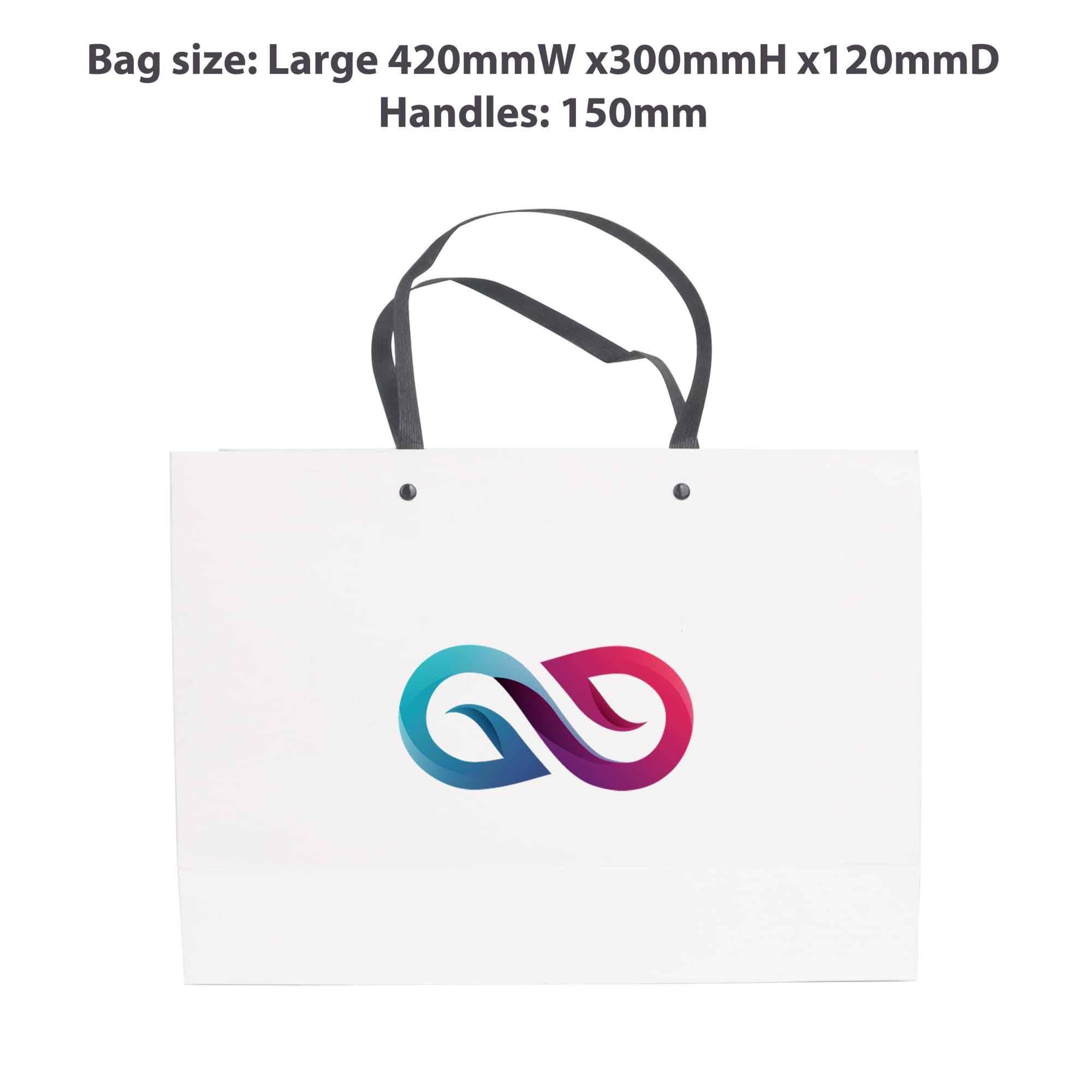 A large white paper bag with a knitted handle and a colourful logo design. Dimensions: 420mm x 300mm x 120mm.