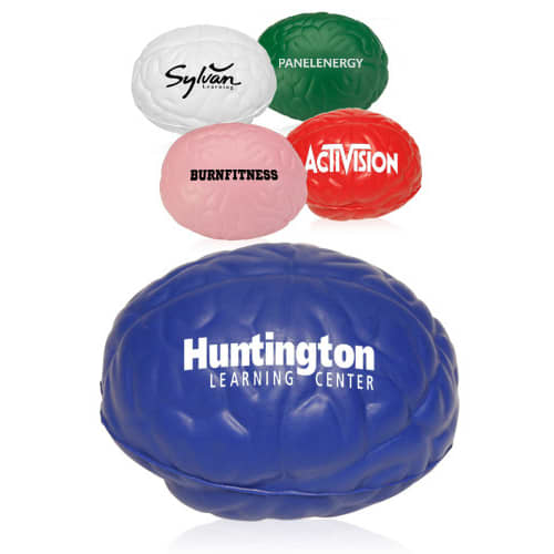 A blue brain-shaped stress reliever with various logos in red, pink, white, and green on smaller stress relievers.