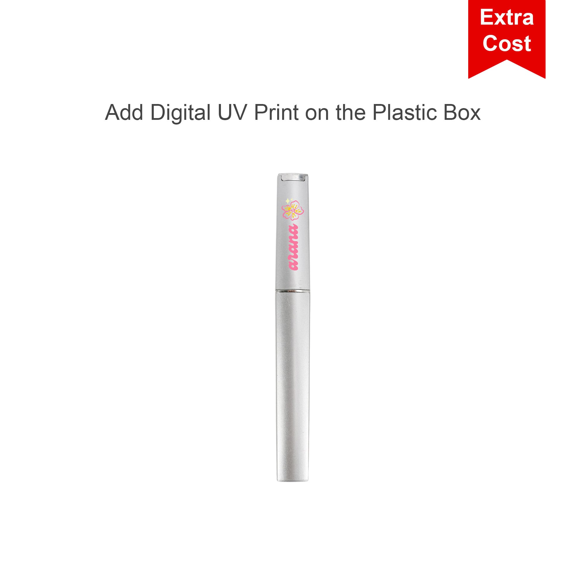 A crystal glass nail file in a sleek silver case, featuring a logo on the cap.